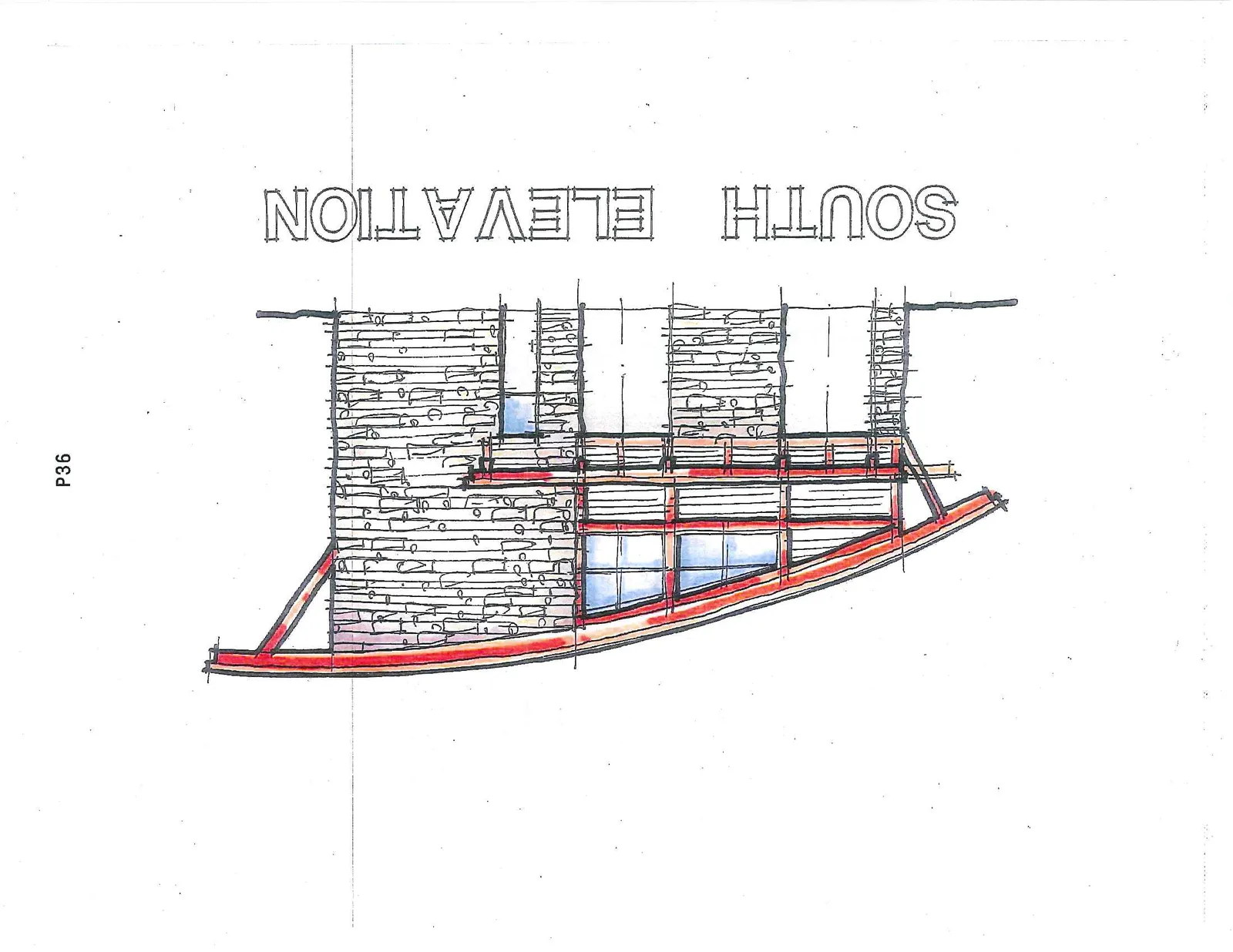 Architectural elevation drawing of the south side of the building, showcasing a stone-textured exterior wall and the curved roofline