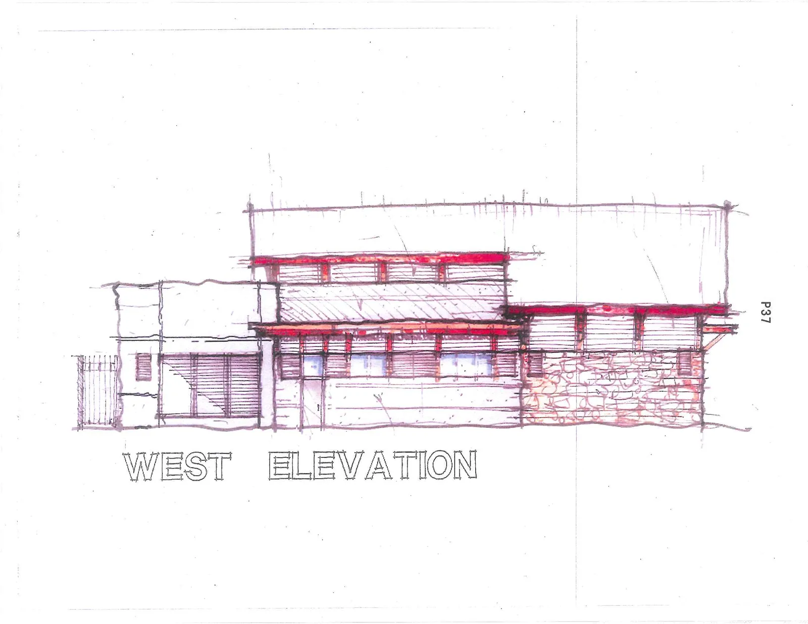 Architectural elevation drawing of the west side of the building, displaying tiered rooflines and various cladding materials