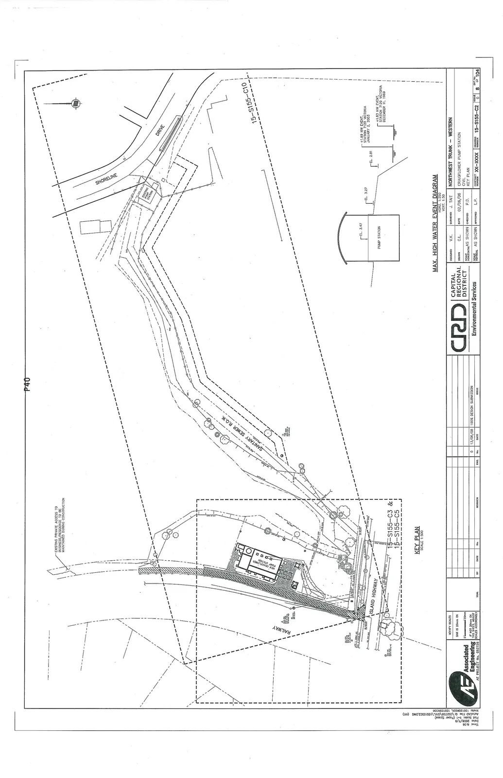 Engineering drawing of Northwest Trunk - Western Craigflower Pump Station Key Plan and Max. High Water Event Diagram