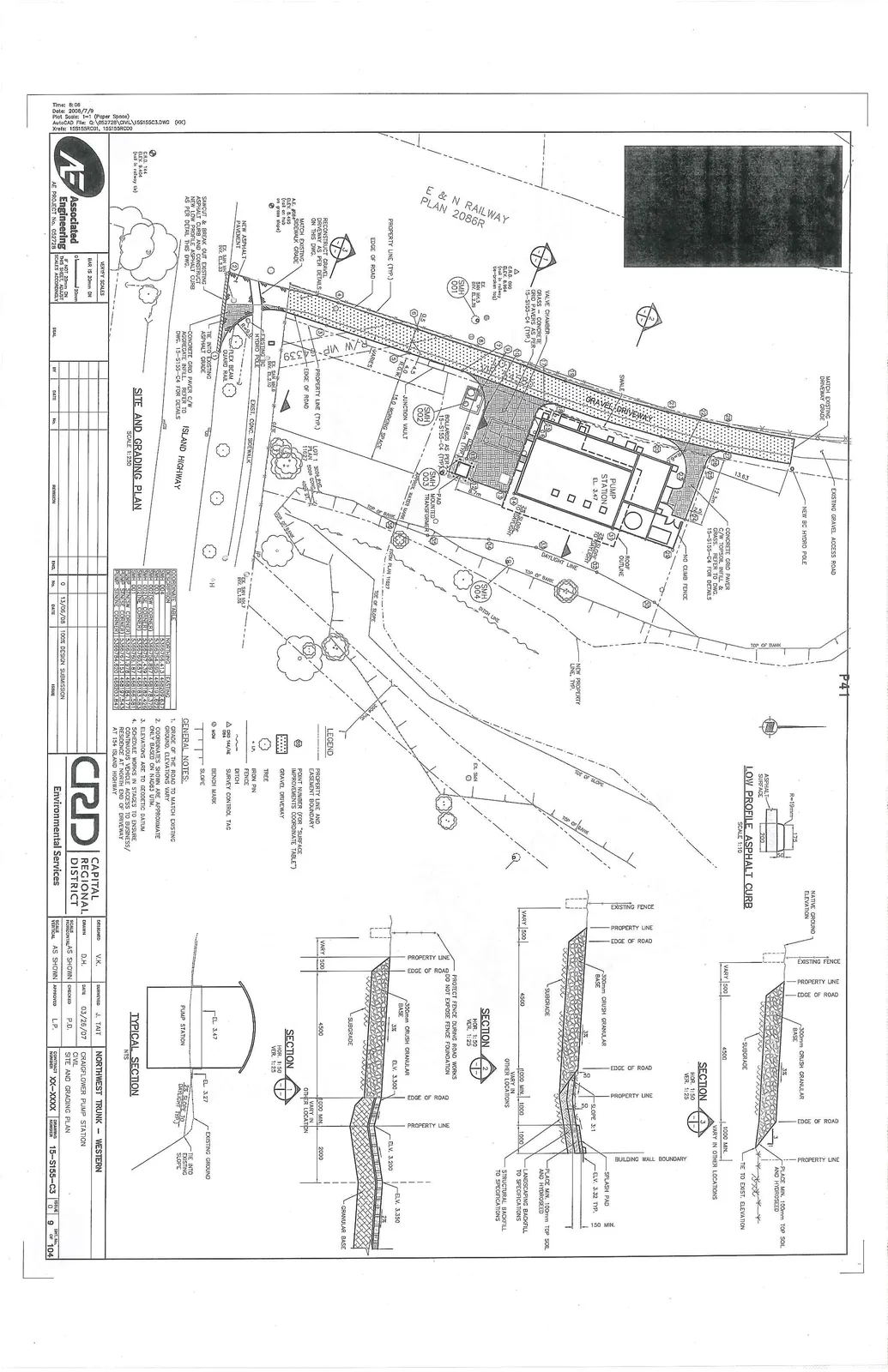 Site and Grading Plan for Craigflower Pump Station, featuring a plan view of the site, coordinate table, legend, general notes, and typical sections for roadway and curb construction.