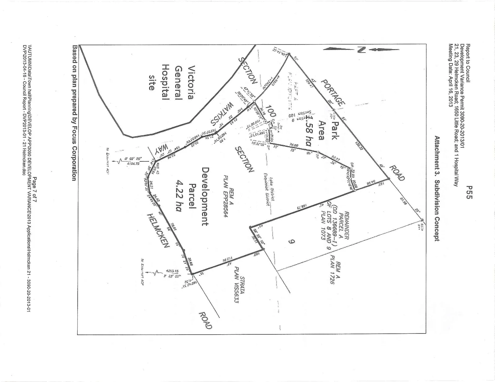 Subdivision Concept map showing a 1.58 ha Park Area and a 4.22 ha Development Parcel. The site is bounded by Portage Road, Watkiss Way, and Helmcken Road, and is adjacent to the Victoria General Hospital site.