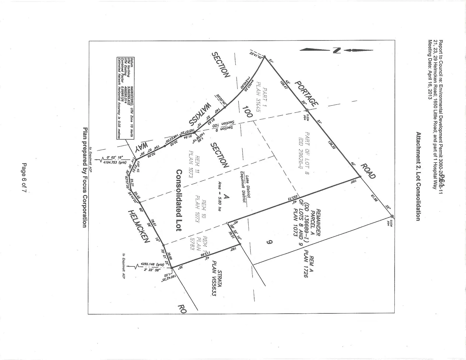 Technical survey plan showing the consolidation of lots into a single "Consolidated Lot" (Area A = 5.80 ha) located in the Lake District, Esquimalt District. The property is bounded by Portage Road to the north, Watkiss Way to the west, and Helmcken Road to the south. Surrounding parcels include STRATA PLAN VIS5633 and REMAINDER PARCEL A (DD 136689-I) OF LOTS 8 AND 9 PLAN 1073.