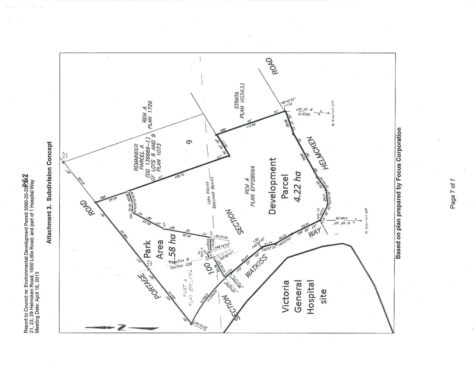 Subdivision concept map detailing a 1.58 ha Park Area and a 4.22 ha Development Parcel. The site is bounded by Portage Road, Watkiss Way, and Helmcken Road, and is situated adjacent to the Victoria General Hospital site. The map includes lot dimensions and references to surrounding properties such as Remainder Parcel A, Strata Plan VIS5633, and Rem A Plan 1726 within the Lake District, Esquimalt District.