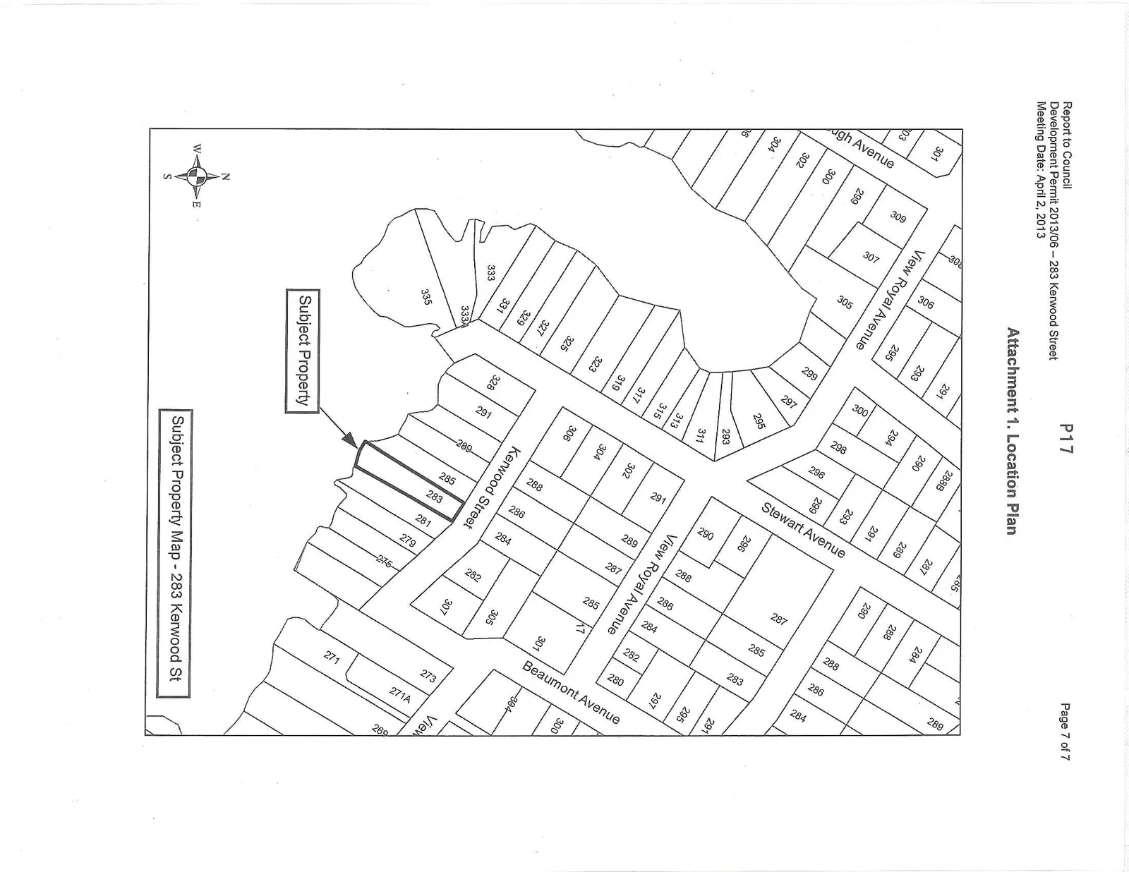 Location plan map identifying the subject property at 283 Kerwood Street. The map shows residential lot subdivisions along Kerwood Street, View Royal Avenue, Stewart Avenue, and Beaumont Avenue. A callout box with an arrow points to the subject property at lot 283 on Kerwood Street.