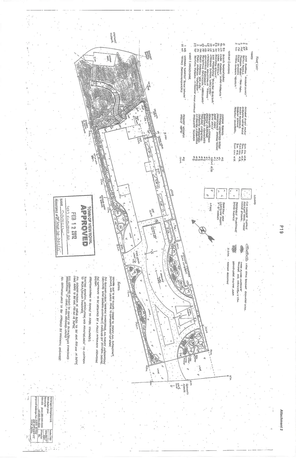 Detailed landscape design plan for the property at 483 Kenwood St, showing plant placements, surface materials, and retaining walls. The drawing includes a site plan with elevation markers, a plant list, legend, and general notes.