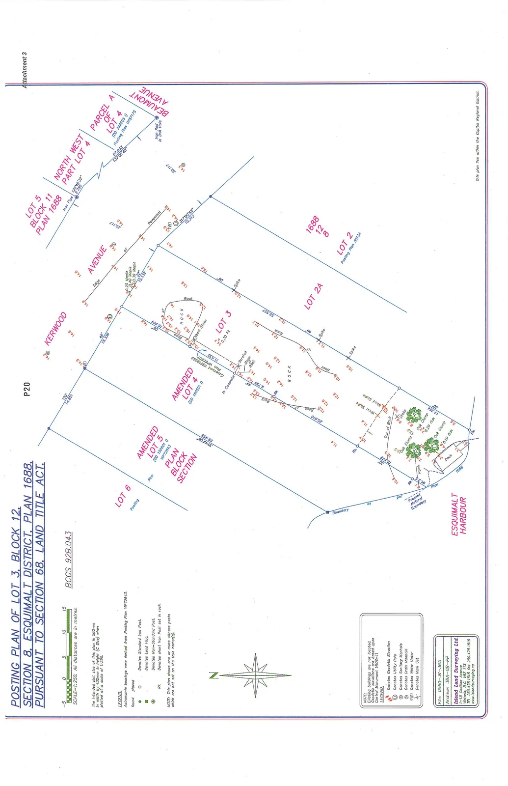 Survey map showing Lot 3, Block 12, adjacent lots including Amended Lot 4 and Amended Lot 5, Kerwood Avenue, Beaumont Avenue, and the shoreline of Esquimalt Harbour with various topographical markings and survey points.