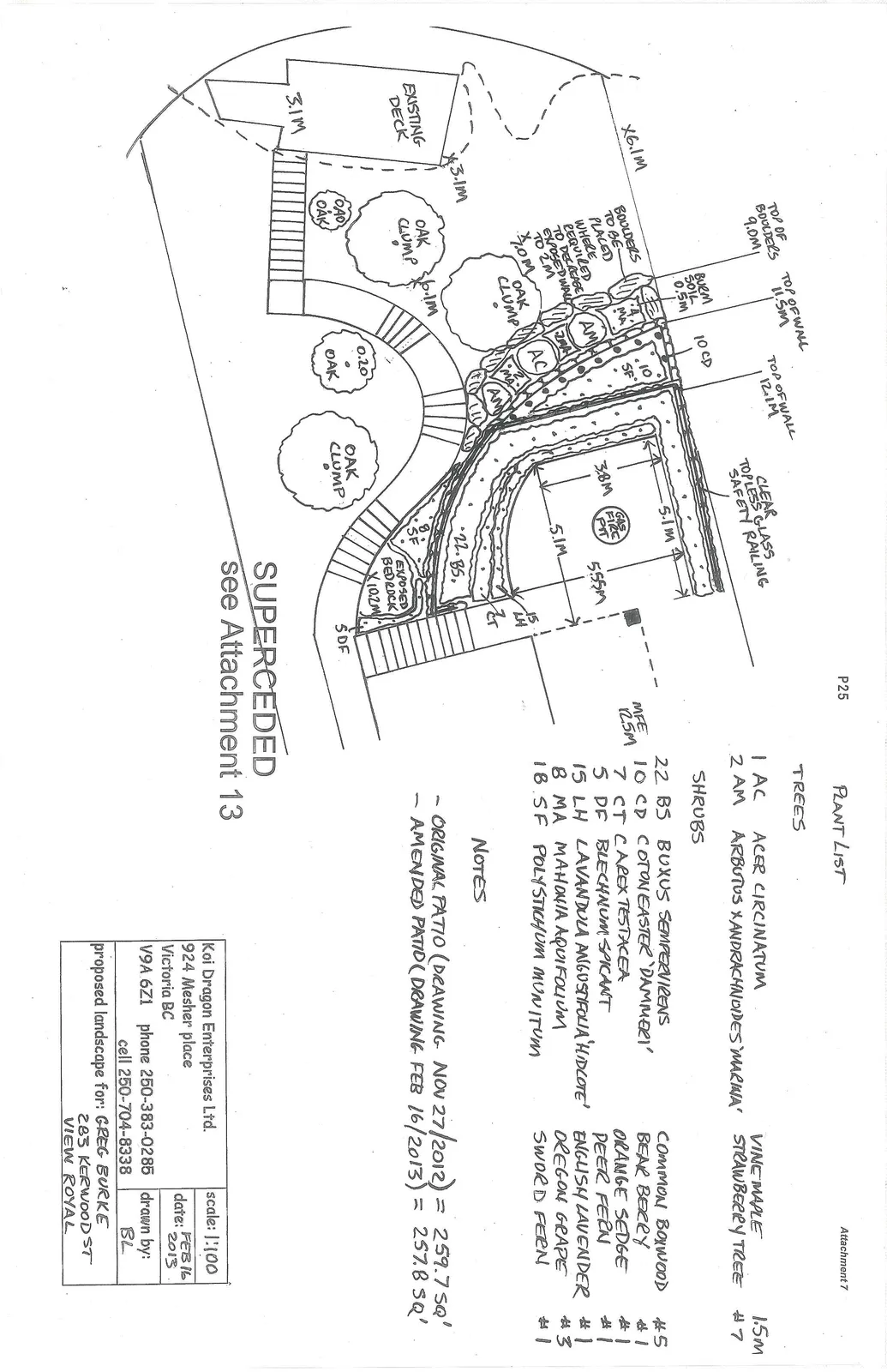 Hand-drawn landscape site plan for a property at 283 Kerwood St. The diagram illustrates a proposed patio area featuring a gas fire pit, a clear topless glass safety railing, and retaining walls with specified heights (e.g., "TOP OF WALL 12.1M"). The plan details a staircase leading past "EXPOSED BEDROCK" and planting beds labeled with codes from the plant list (e.g., "22.BS.", "8 SF", "5 DF"). Additional annotations include locations for "OAK CLUMP" groups, boulder placement requirements to decrease exposed wall height to 2m, and various site measurements ranging from 3.1M to 10.2M.