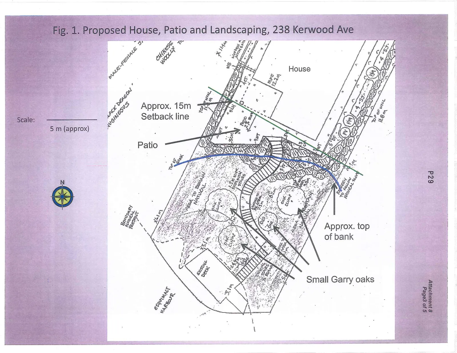 Site plan map showing proposed house footprint, patio, 1.5m wide walkway with stairs, approximately 15m setback line, and location of small Garry oak clumps near the Esquimalt Harbour shoreline.