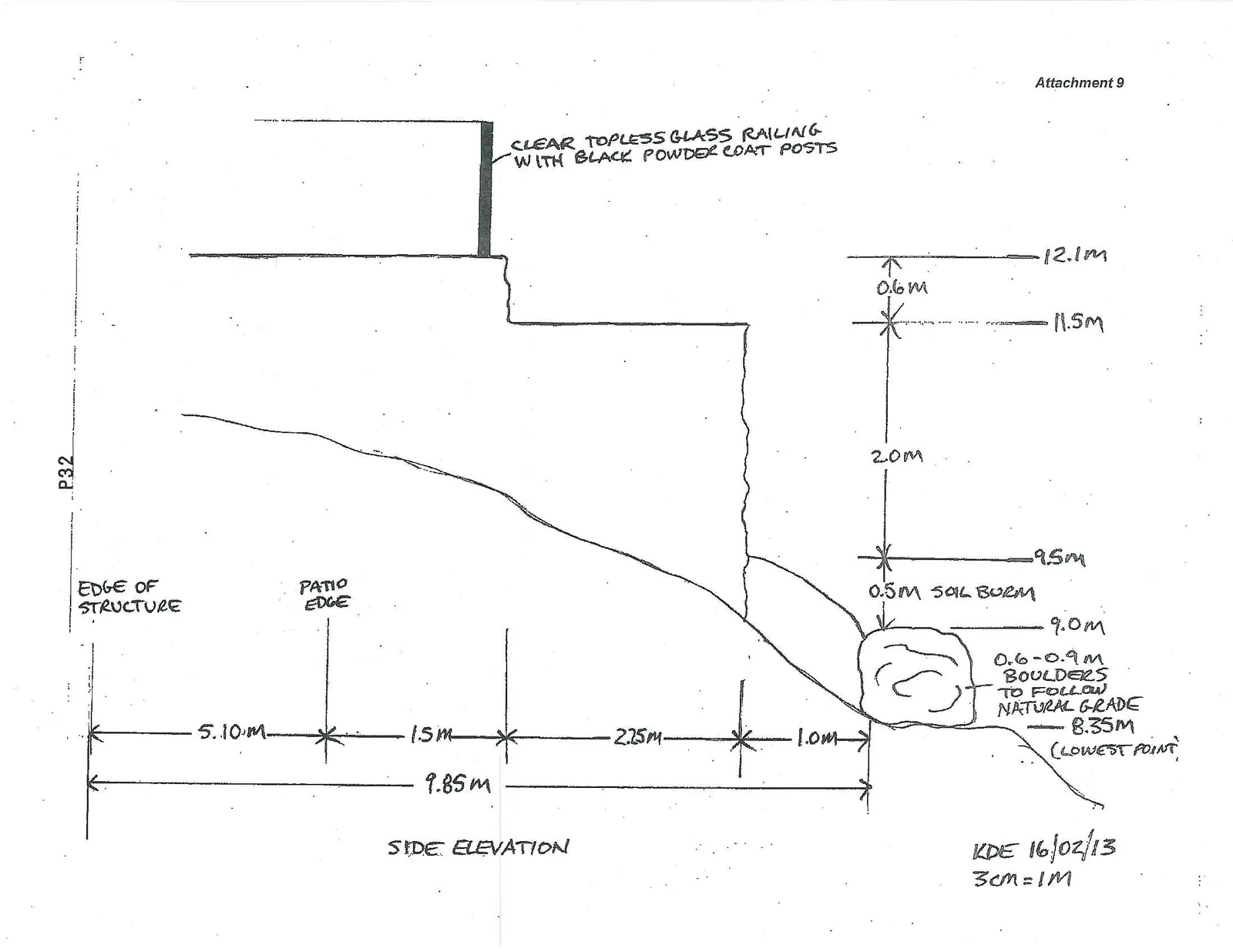 Hand-drawn side elevation diagram showing landscape and structural measurements including a glass railing, patio edge, soil berm, and boulders.