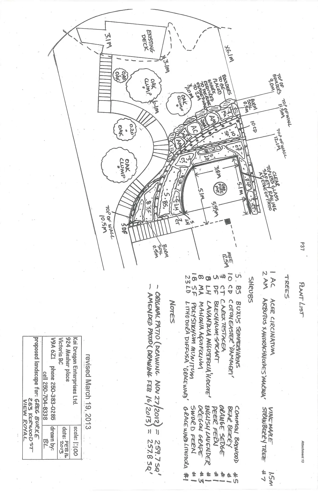 Hand-drawn landscape plan showing patio, fire pit, stairs, and planting areas with codes corresponding to the plant list.
