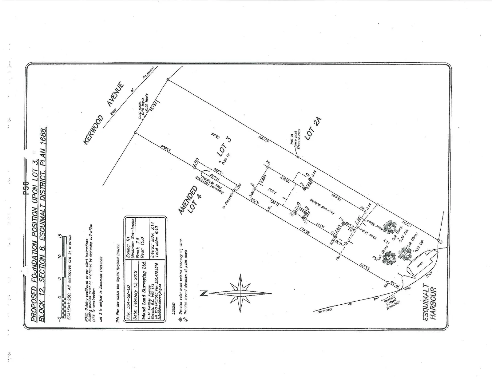 Detailed site plan for Lot 3, showing the proposed building foundation footprint, property boundaries adjacent to Kerwood Avenue and Esquimalt Harbour, setbacks from neighboring Lot 4 and Lot 2A, easement details, and various site features including trees (Oak, Maple, Fir), wood stakes, and a deck.