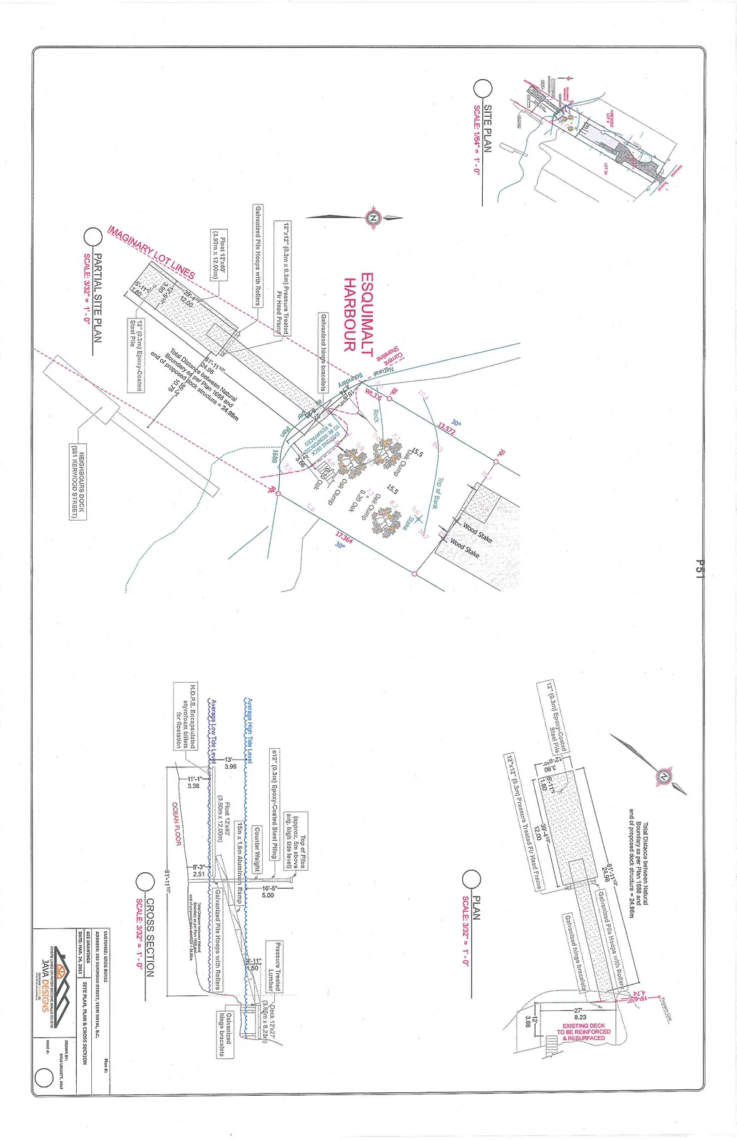 Architectural drawings showing the site plan, partial site plan, plan view, and cross-section for a proposed dock project at Esquimalt Harbour.