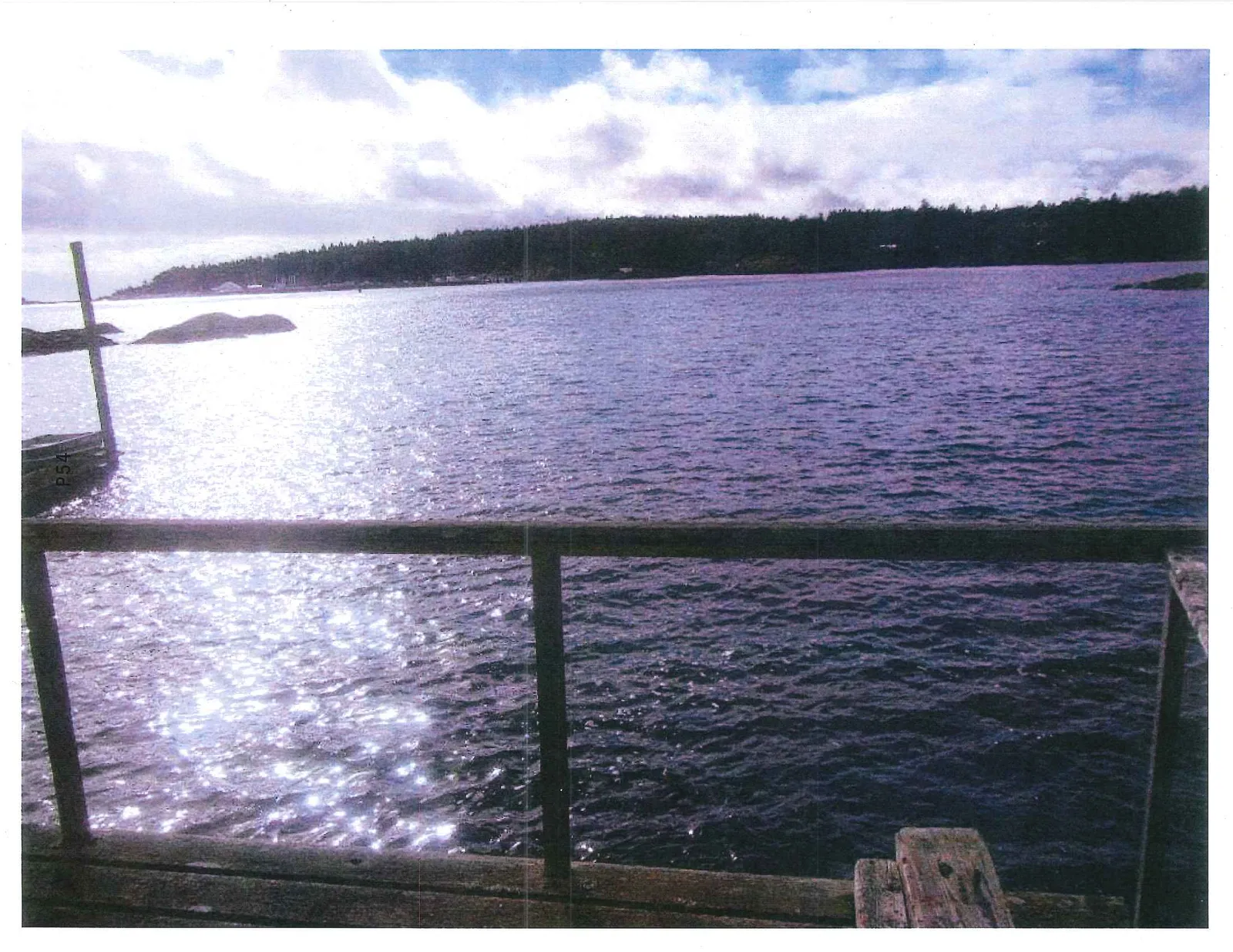 A landscape view across a body of water towards a distant forested shoreline, framed by a wooden railing in the foreground.