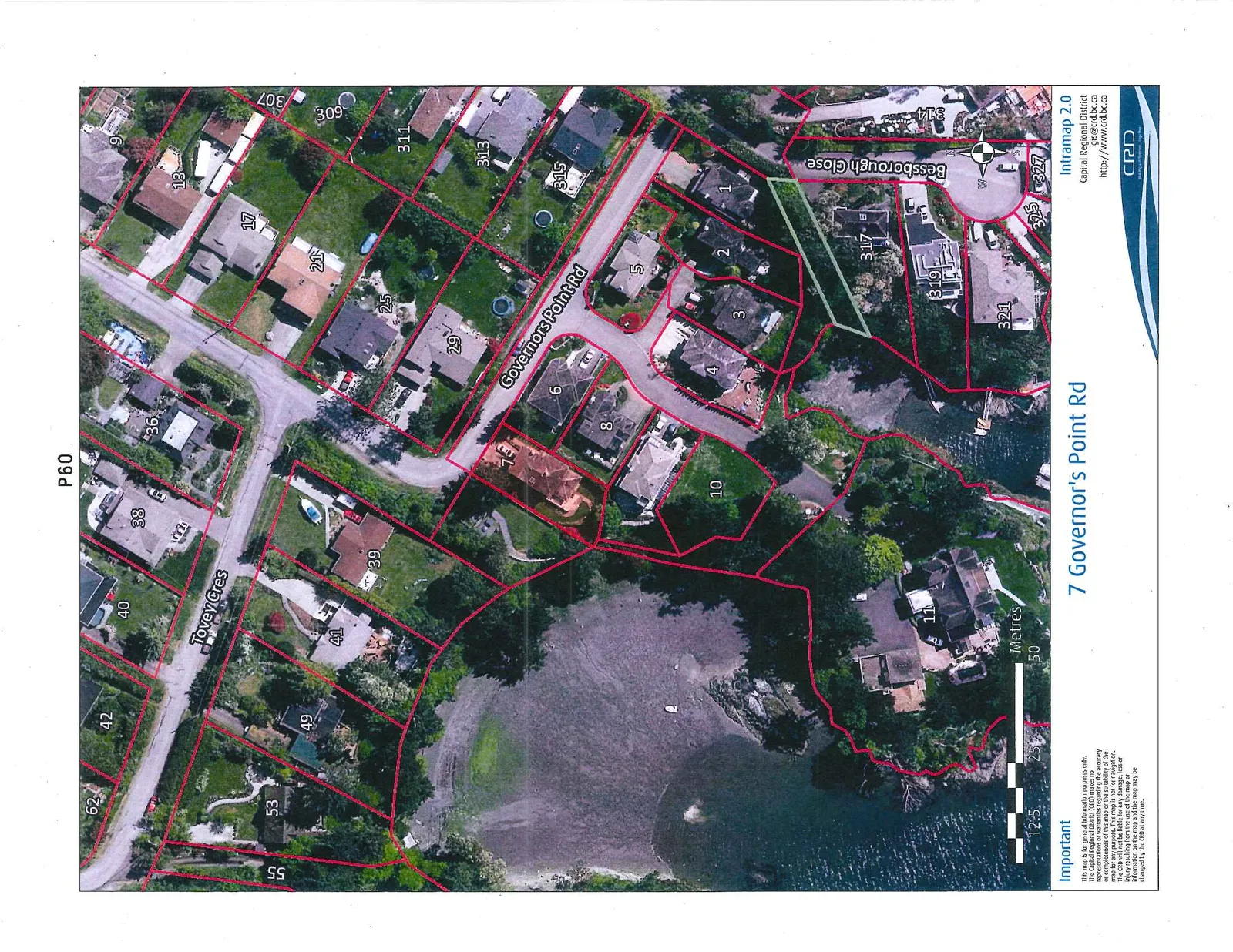 Aerial map showing property parcel boundaries and building footprints for the area surrounding Governors Point Rd, Tovey Cres, and Bessborough Close. Numerous address numbers are visible on the map, including the highlighted property at 7 Governor's Point Rd.