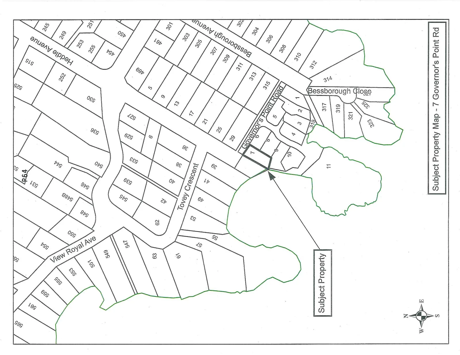 Parcel map identifying the subject property at 7 Governor's Point Road, showing surrounding residential lots, the coastline, and a compass rose.