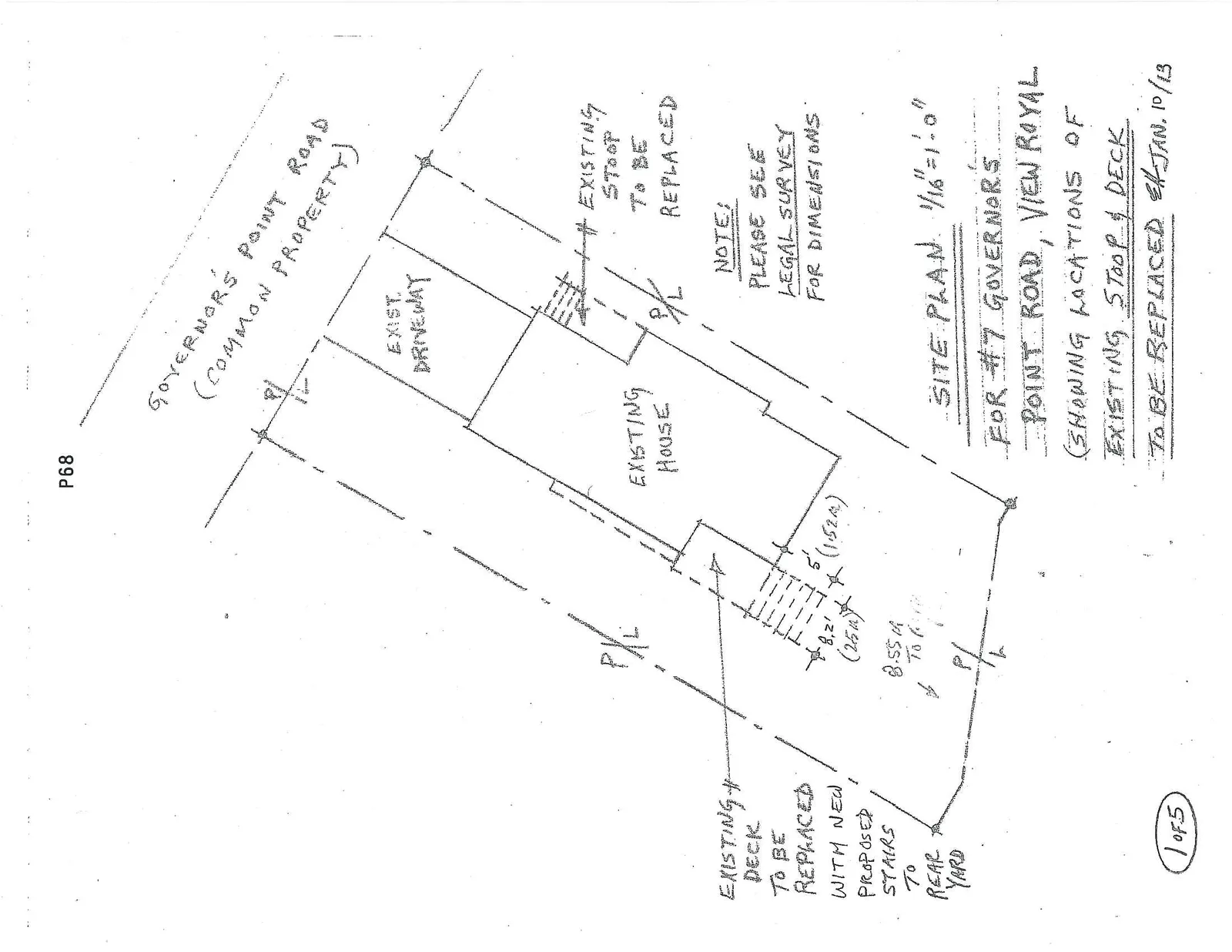 Site plan for #7 Governors Point Road showing locations of existing house, driveway, stoop, and deck.