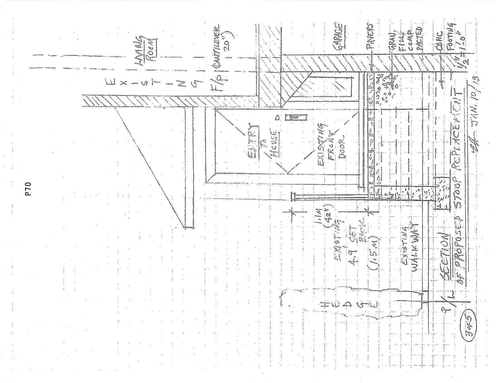 Sectional view of the proposed stoop replacement showing house entry, foundation, and grading details.