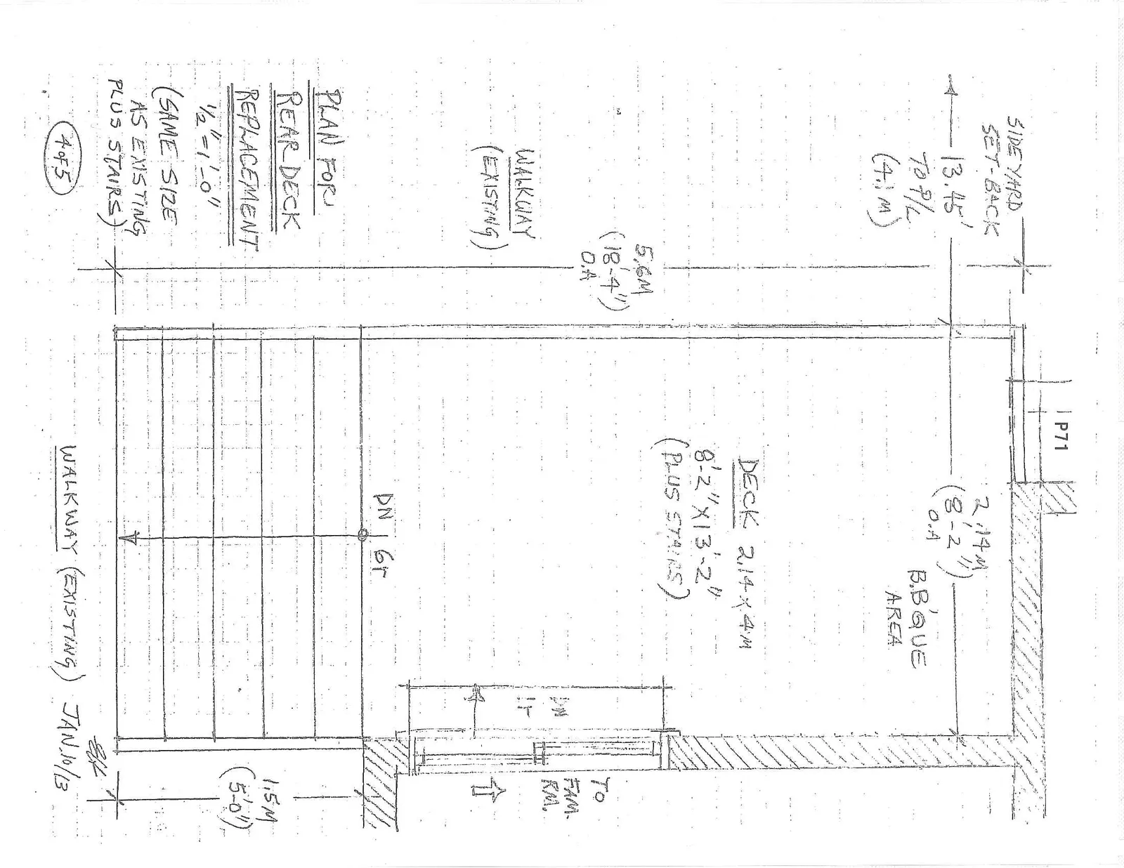 Plan view for the proposed rear deck replacement showing dimensions and stair layout.