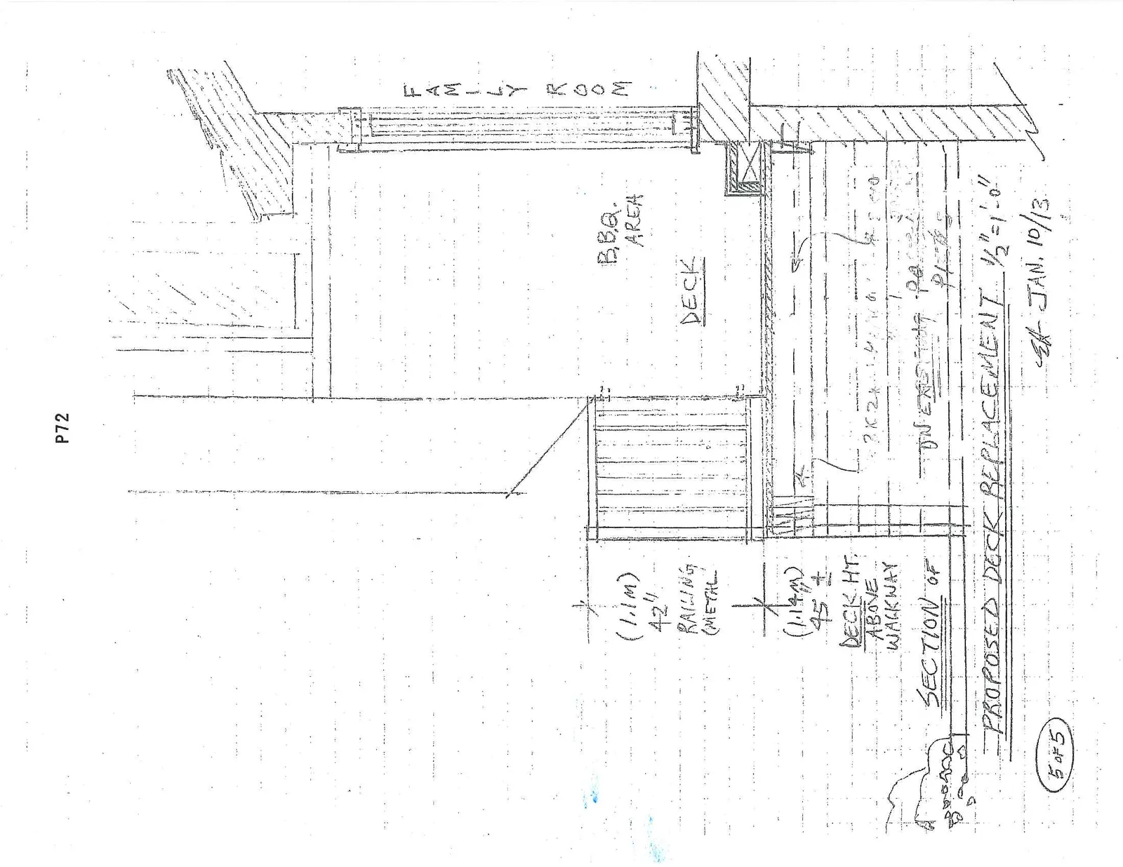 Sectional view of the proposed rear deck replacement showing deck height and railing.