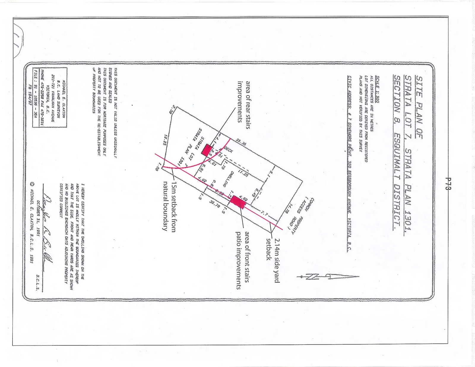 Site plan of Strata Lot 7 showing the dwelling, deck, and common property access road. Annotations identify the area of rear stairs improvements, a 2.14m side yard setback, the area of front stairs patio improvements, and a 15m setback from the natural boundary.