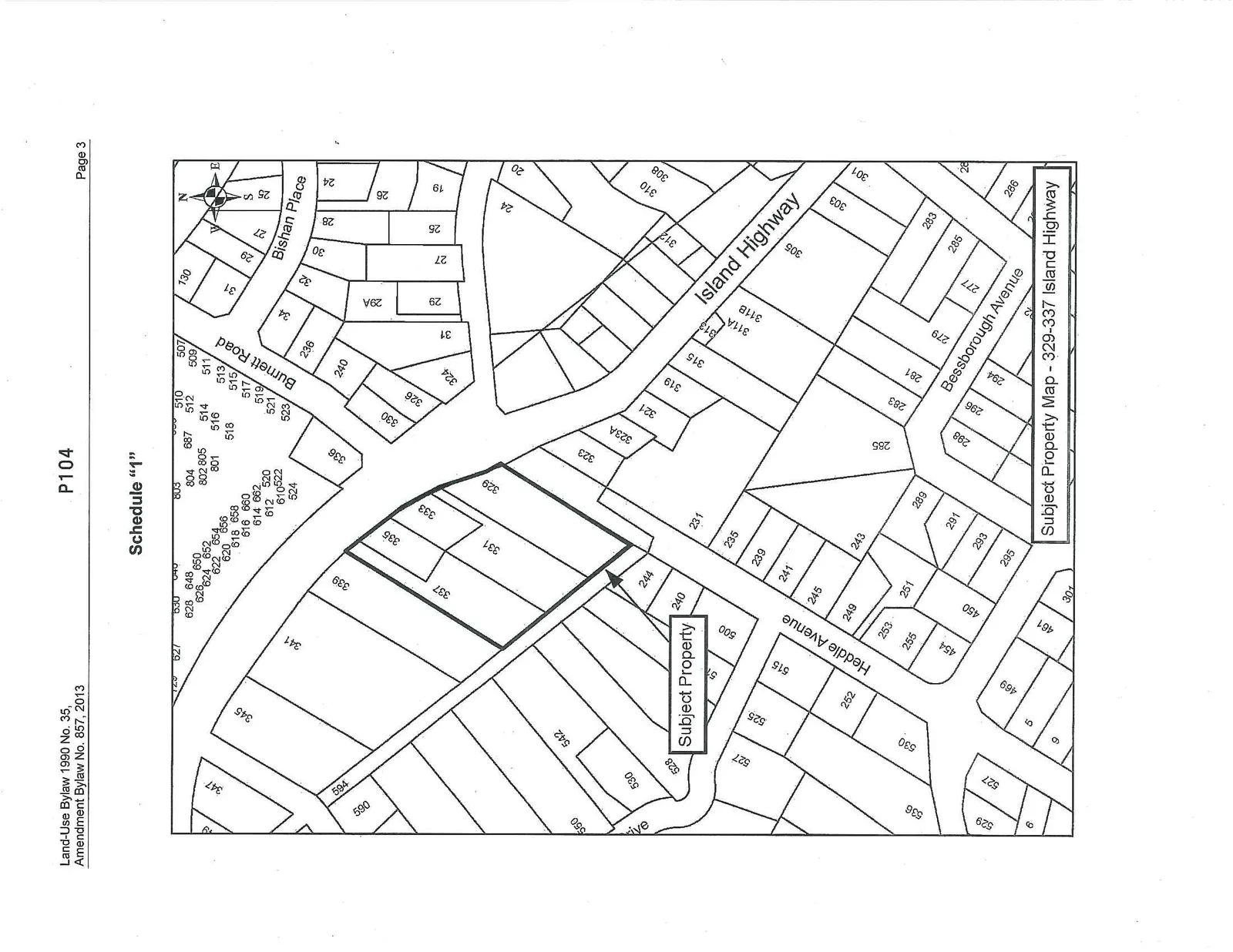Subject Property Map showing lots 329-337 Island Highway outlined and labeled as Subject Property, situated between Island Highway and Heddle Avenue
