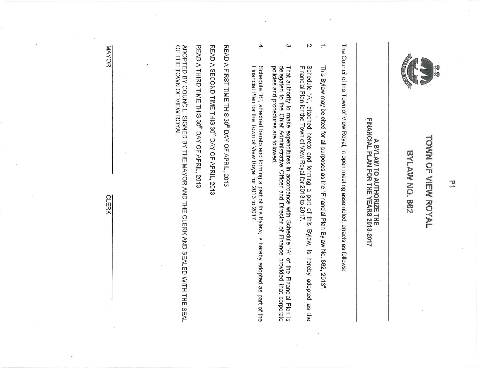 Text of Bylaw No. 862, A Bylaw to Authorize the Financial Plan for the Years 2013-2017