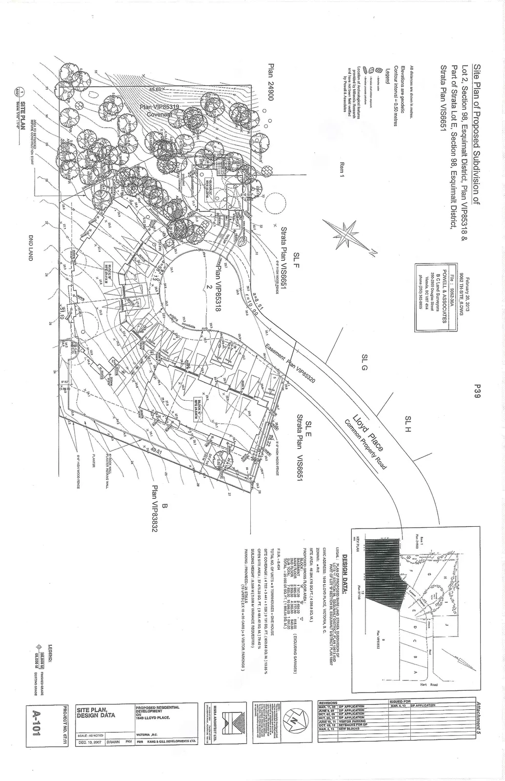 Detailed site plan map showing property boundaries, topography contours, existing trees, archaeological features, and proposed subdivision into lots including Block 'A', Block 'B', and Block 'C' (house), along with Lloyd Place Common Property Road and adjacent Plan 24900, Plan VIP85318, and Plan VIP83832.