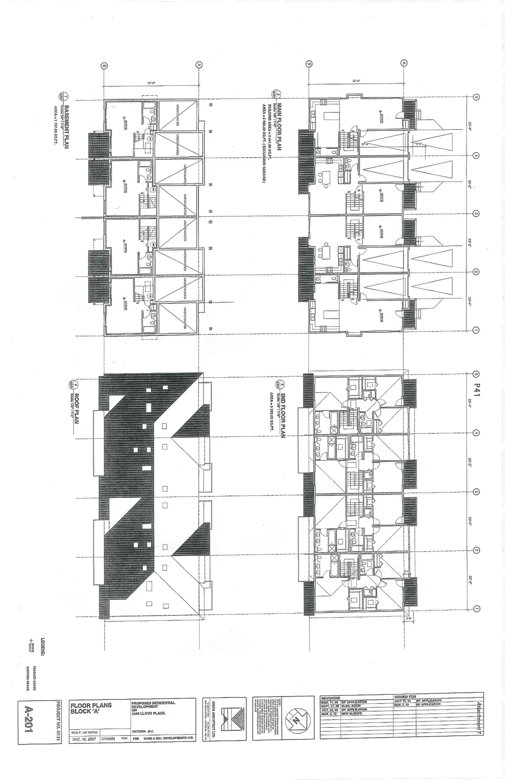 Architectural drawing of the Main Floor Plan for Block A showing four units with living, dining, and kitchen areas.