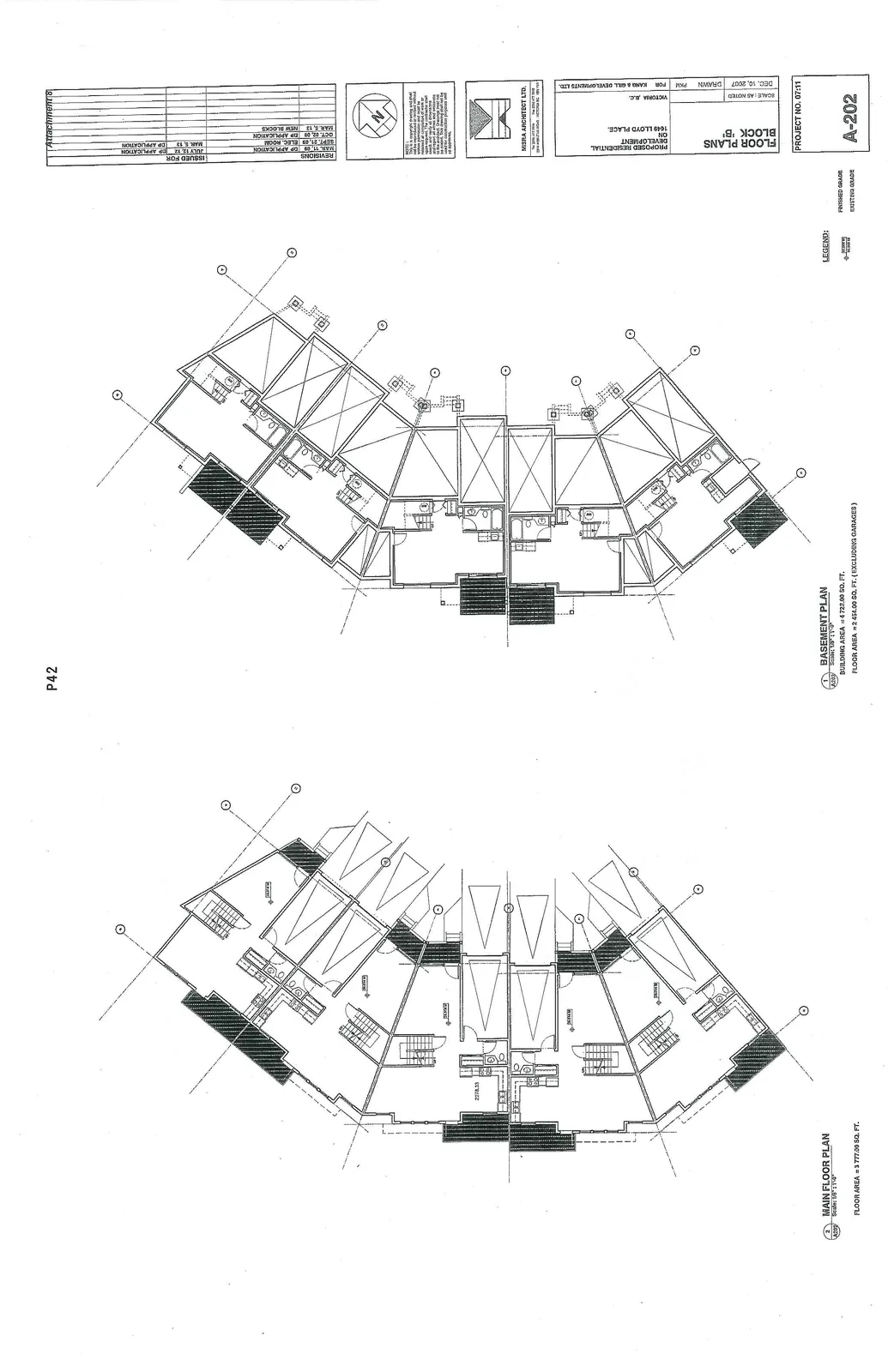 Architectural drawing sheet A-202 showing the Main Floor Plan and Basement Plan for Block B of a residential development at 1045 Lloyd Place.