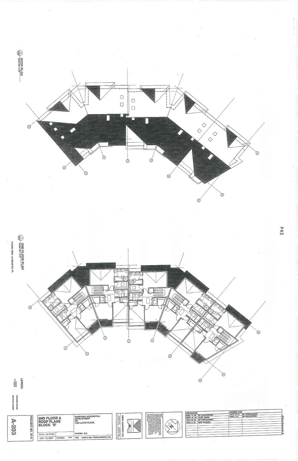 Architectural sheet showing the Roof Plan and the 2nd Floor Plan for Block 'B' of a residential development, including building footprints and grid lines.