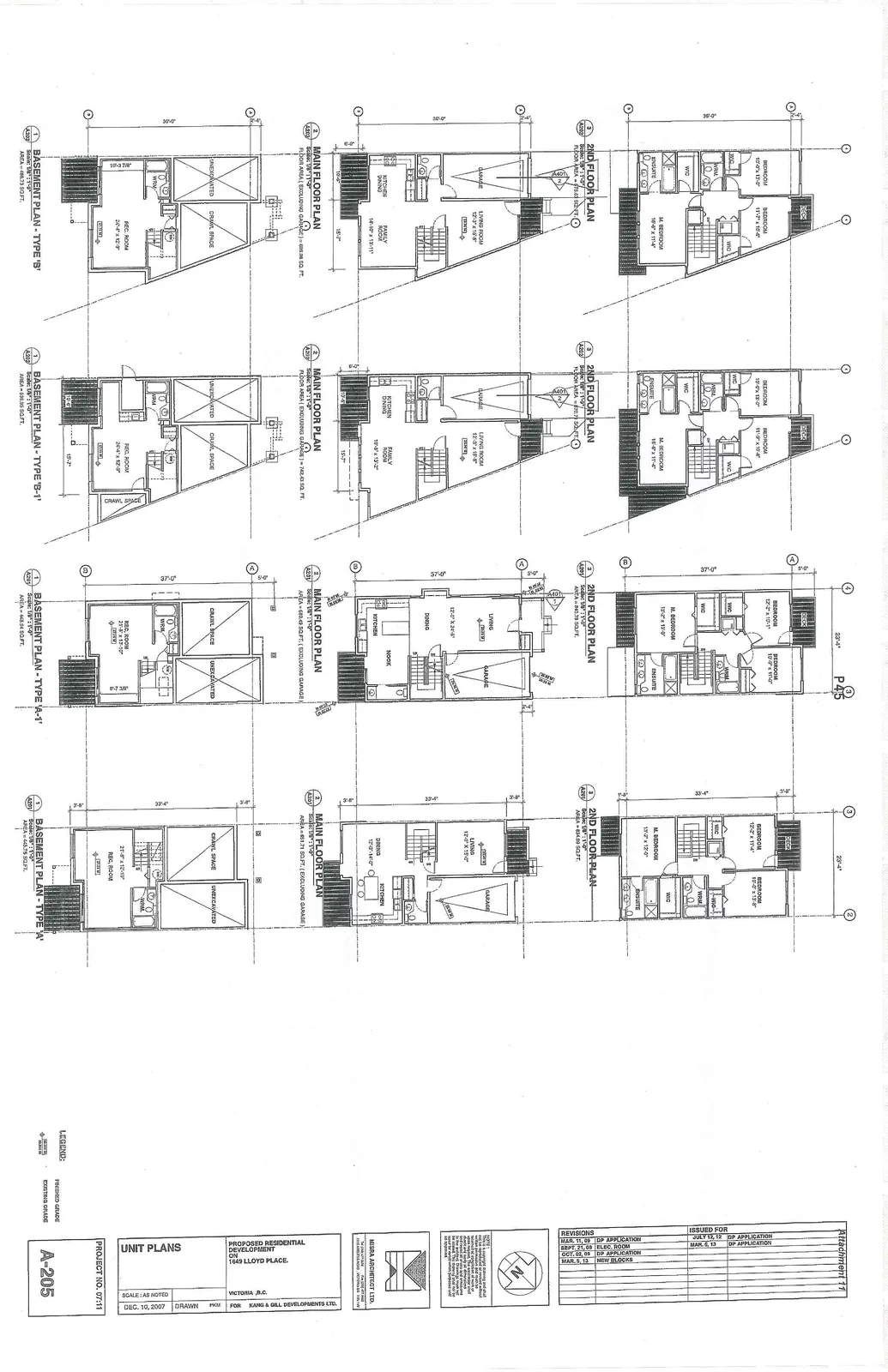 Architectural drawing sheet A-205 titled "UNIT PLANS", featuring floor plans for four unit types (A, A-1, B, and B-1) across three levels: Basement, Main Floor, and 2nd Floor.