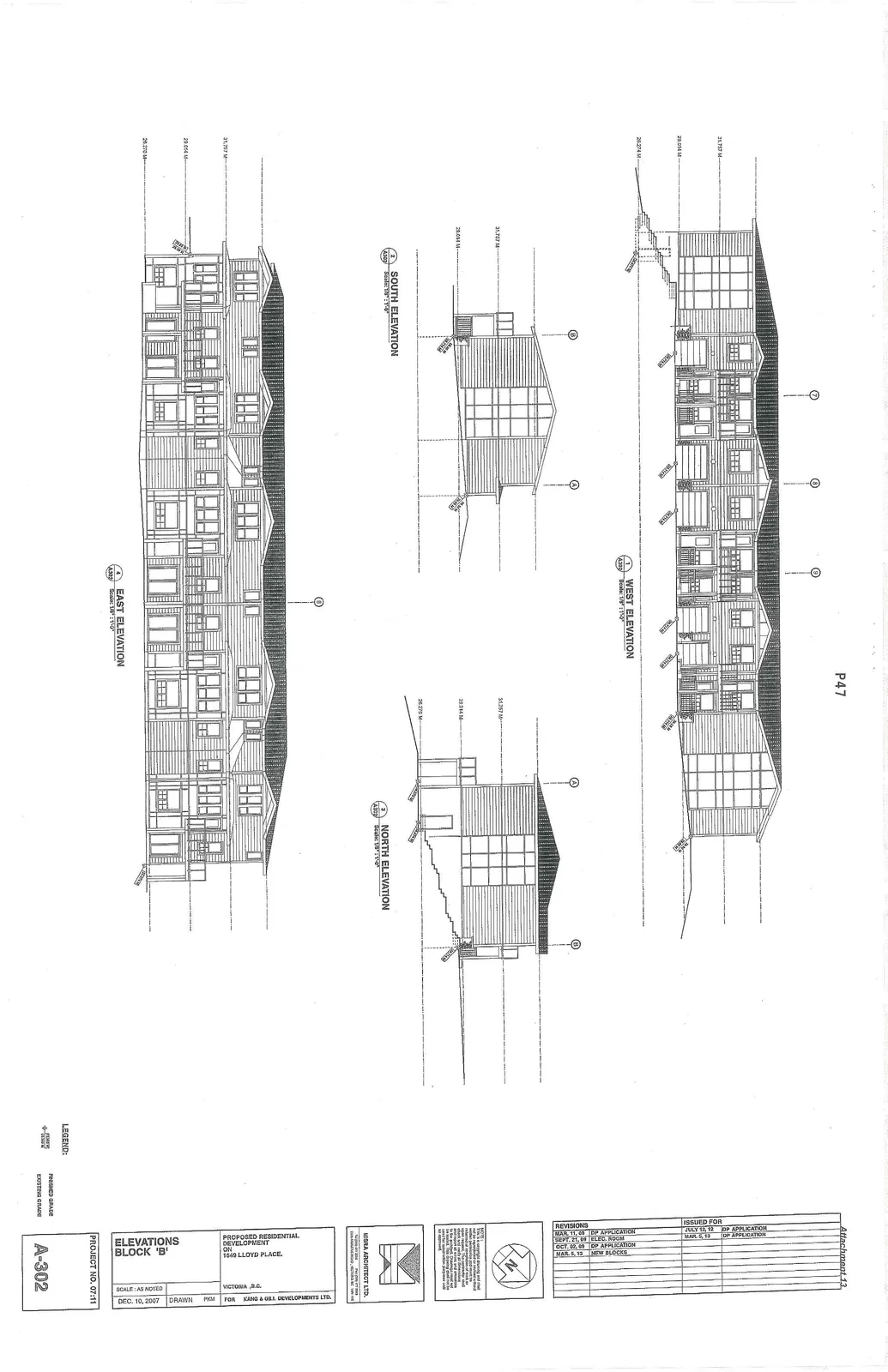 Architectural drawing showing West, South, North, and East elevations for Block 'B' of a proposed residential development at 1049 Lloyd Place.