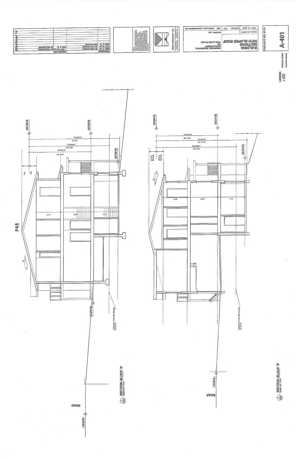 Architectural drawing sheet A-401 showing building cross-sections for Block 'A' and Block 'B' with sloped roof designs, including elevations and vertical dimensions.