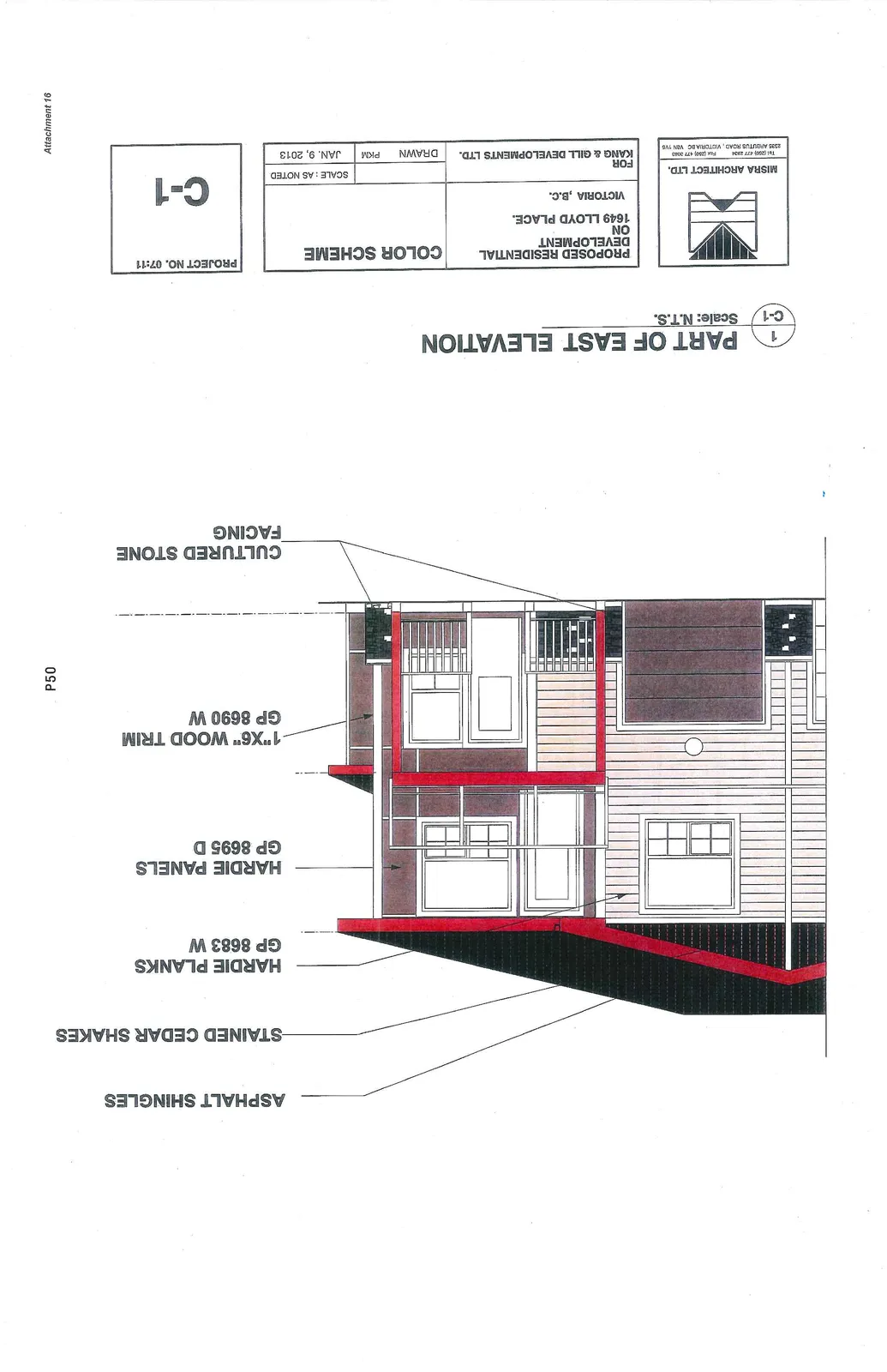 Architectural elevation drawing showing building materials and color scheme for a residential project at 1649 Lloyd Place.