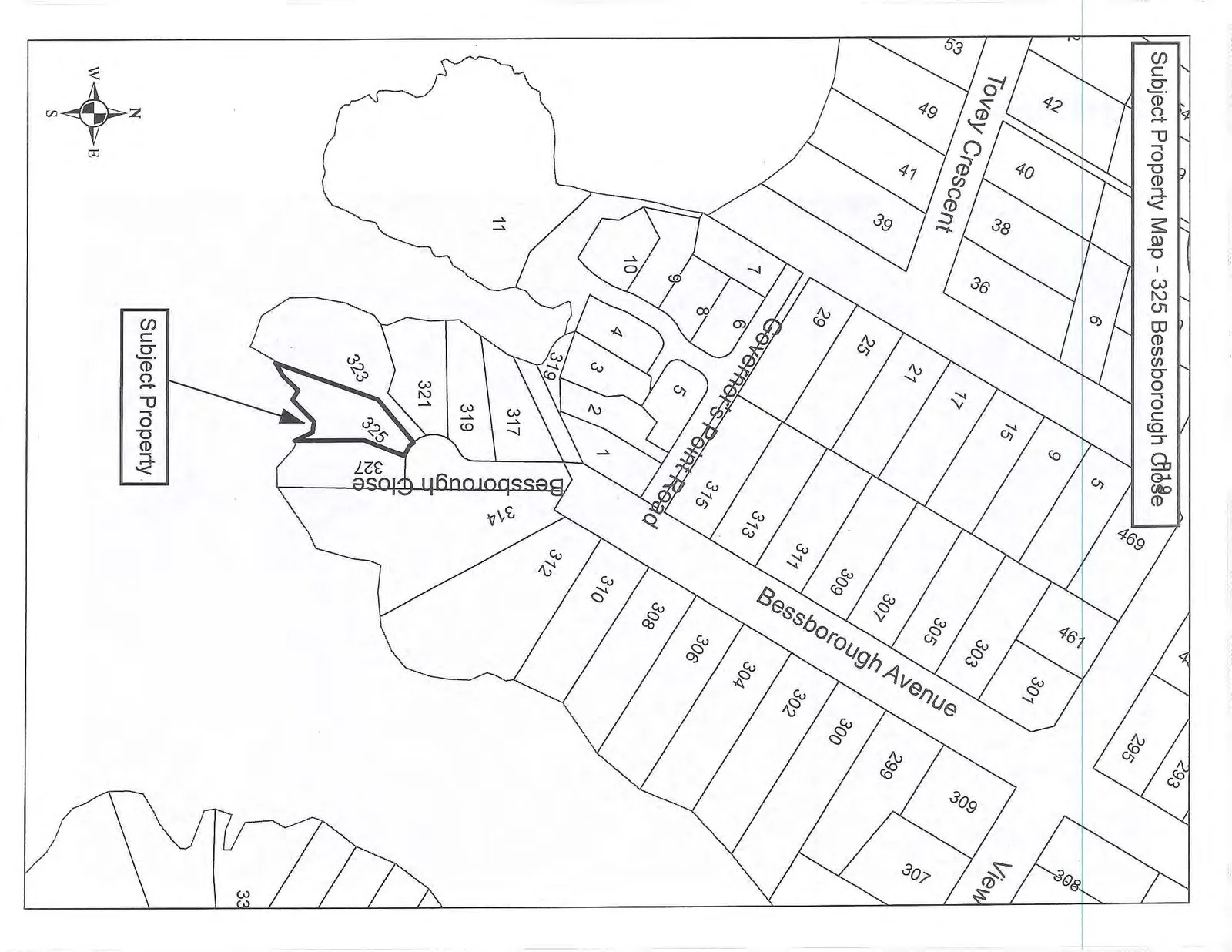 A property map highlighting the subject property at 325 Bessborough Close, including surrounding streets and parcel numbers.