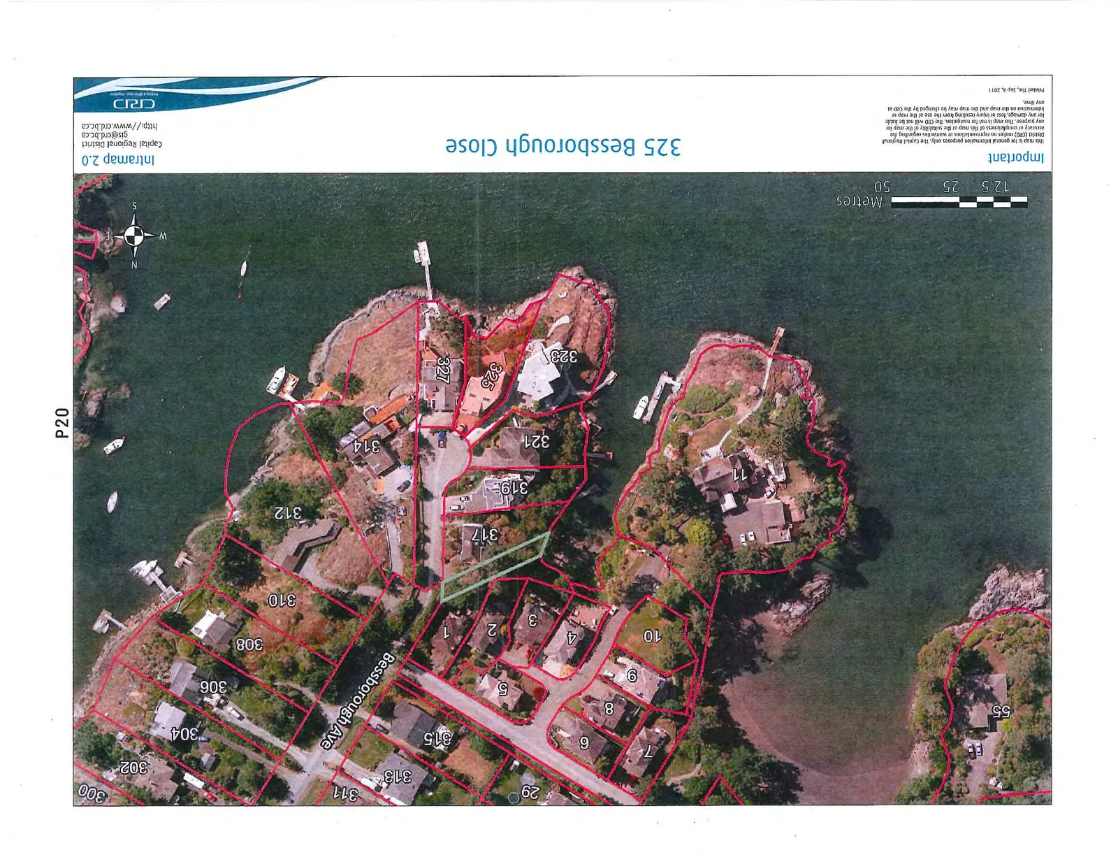 Aerial map showing property lots along Bessborough Ave and Bessborough Close. The map includes property numbers 300, 302, 304, 306, 308, 310, 311, 312, 313, 314, 315, 317, 319, 321, 323, 325, 327, and 55, as well as smaller lot divisions numbered 1 through 10. A scale bar indicates distances of 12.5, 25, and 50 metres.