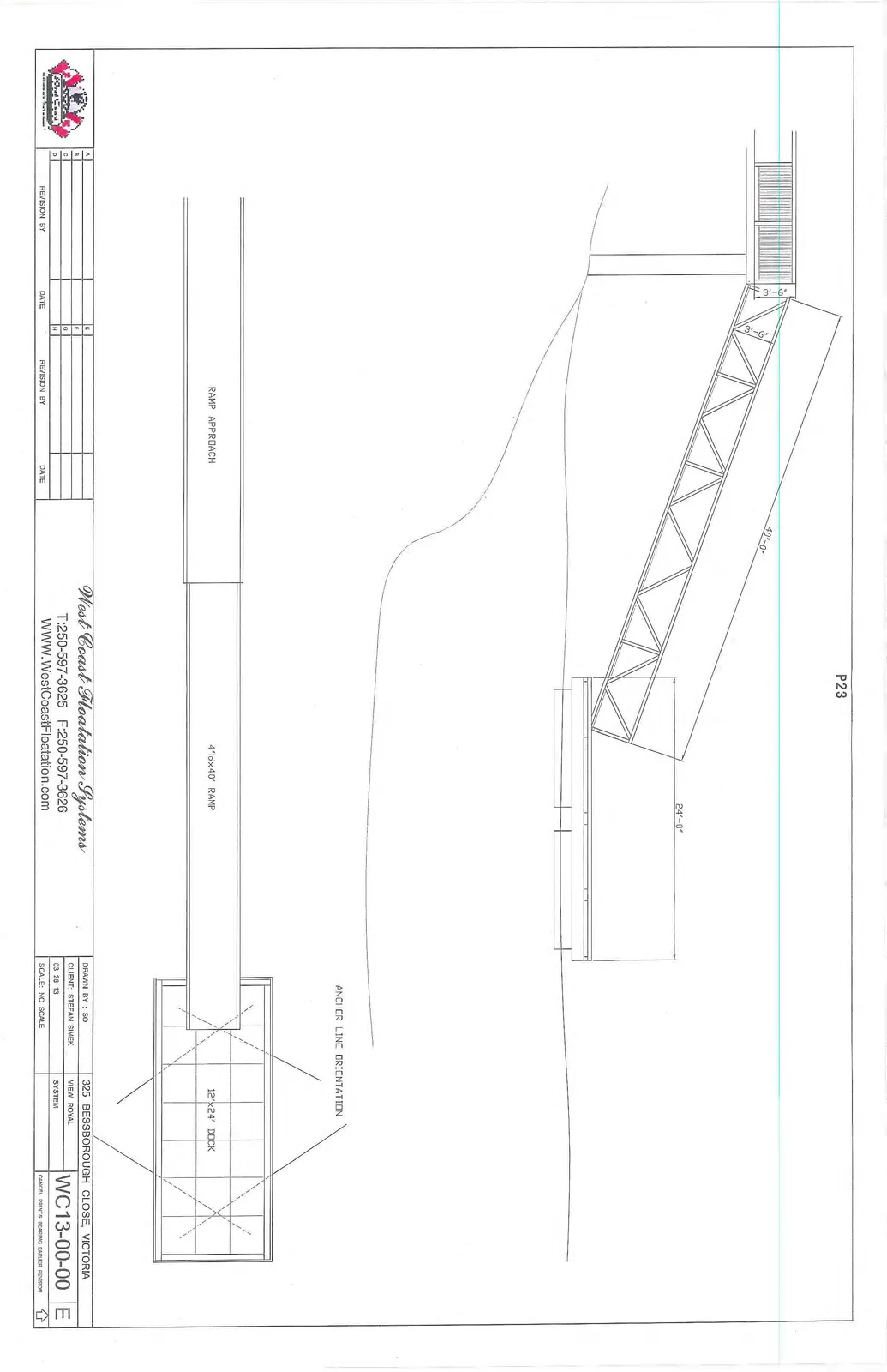Technical drawing showing elevation and plan views of a marine ramp and dock system, including dimensions and anchor line orientation.