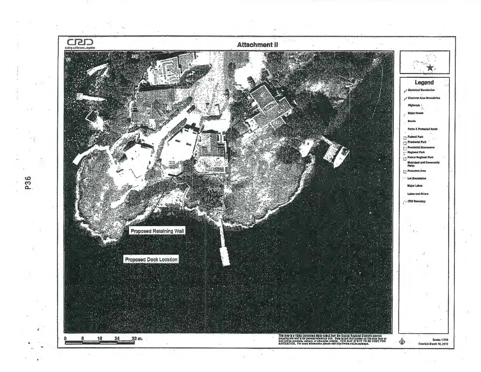 Aerial map of a coastal property indicating the proposed locations for a retaining wall and a dock.