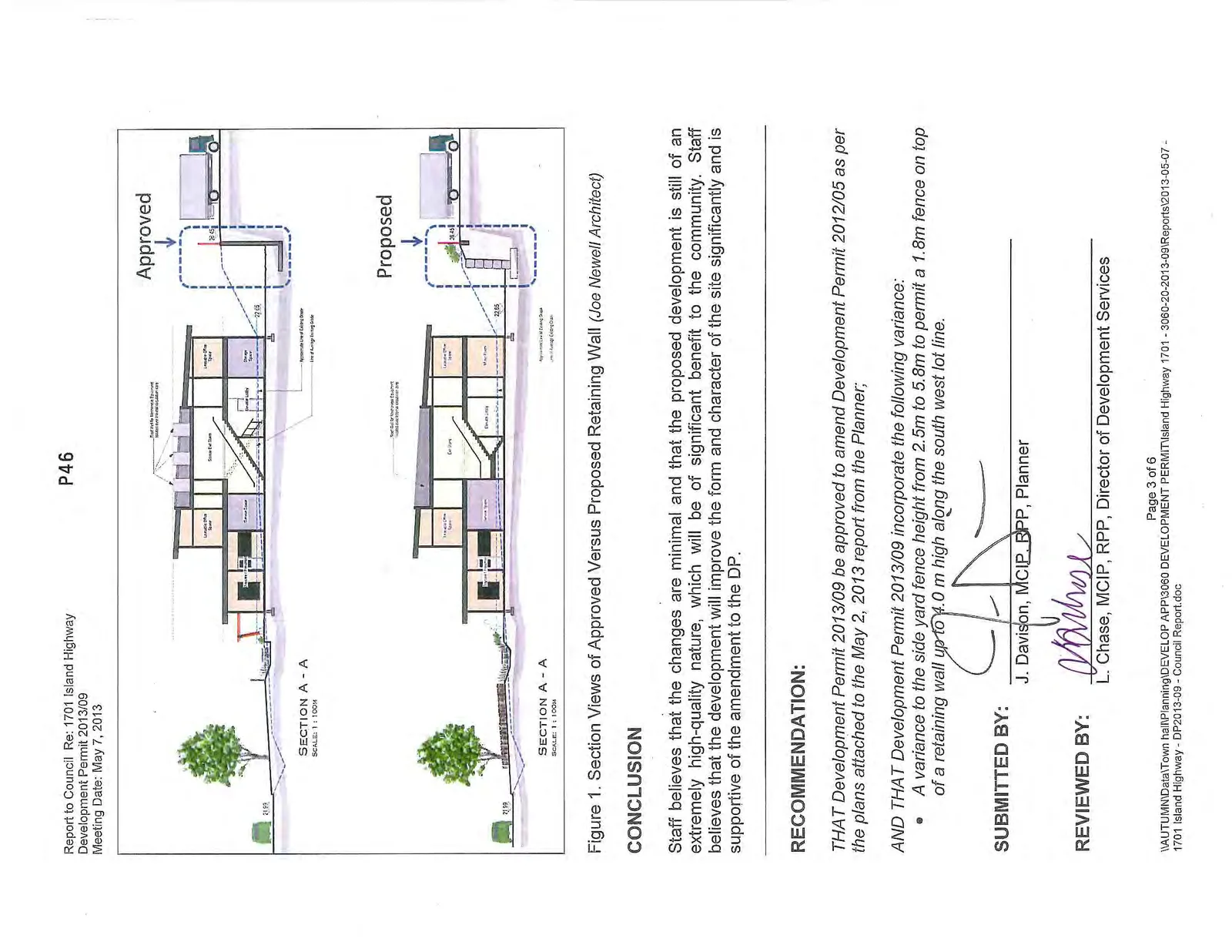 Figure 1. Section views of approved versus proposed retaining wall elevations and fence heights.