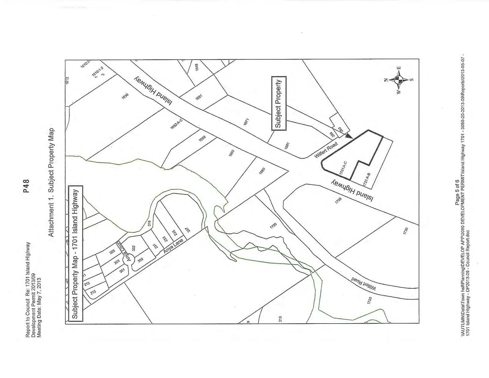 Subject Property Map for 1701 Island Highway. The map identifies the Subject Property at 1701-A-C Island Highway, located at the intersection of Island Highway and Wilfert Road. The map also shows surrounding streets including Anya Court and Anya Lane, along with address labels for neighboring parcels.