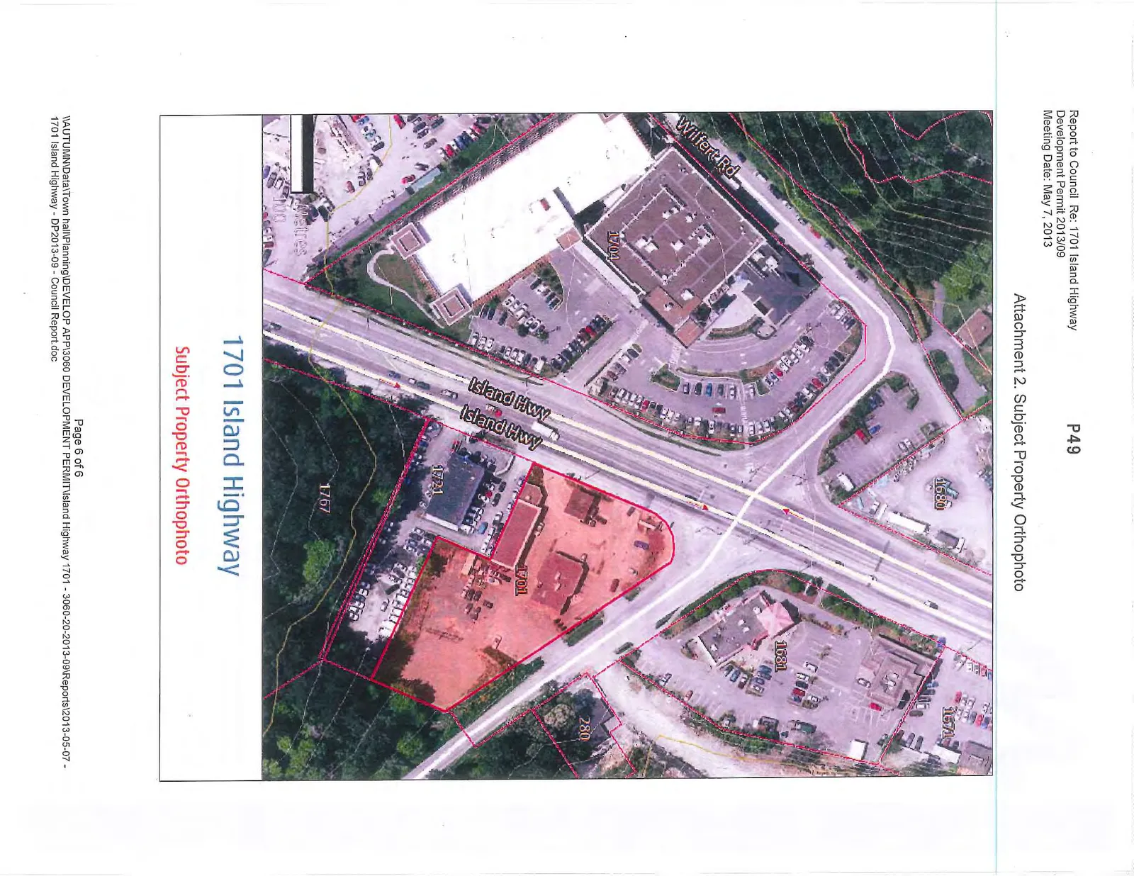 Orthophoto of the subject property at 1701 Island Highway, showing the site highlighted in red. Surrounding properties are labeled with addresses 1704, 1680, 1671, 1681, 280, 1721, and 1767. Roadways shown include Island Hwy and Wilfert Rd.