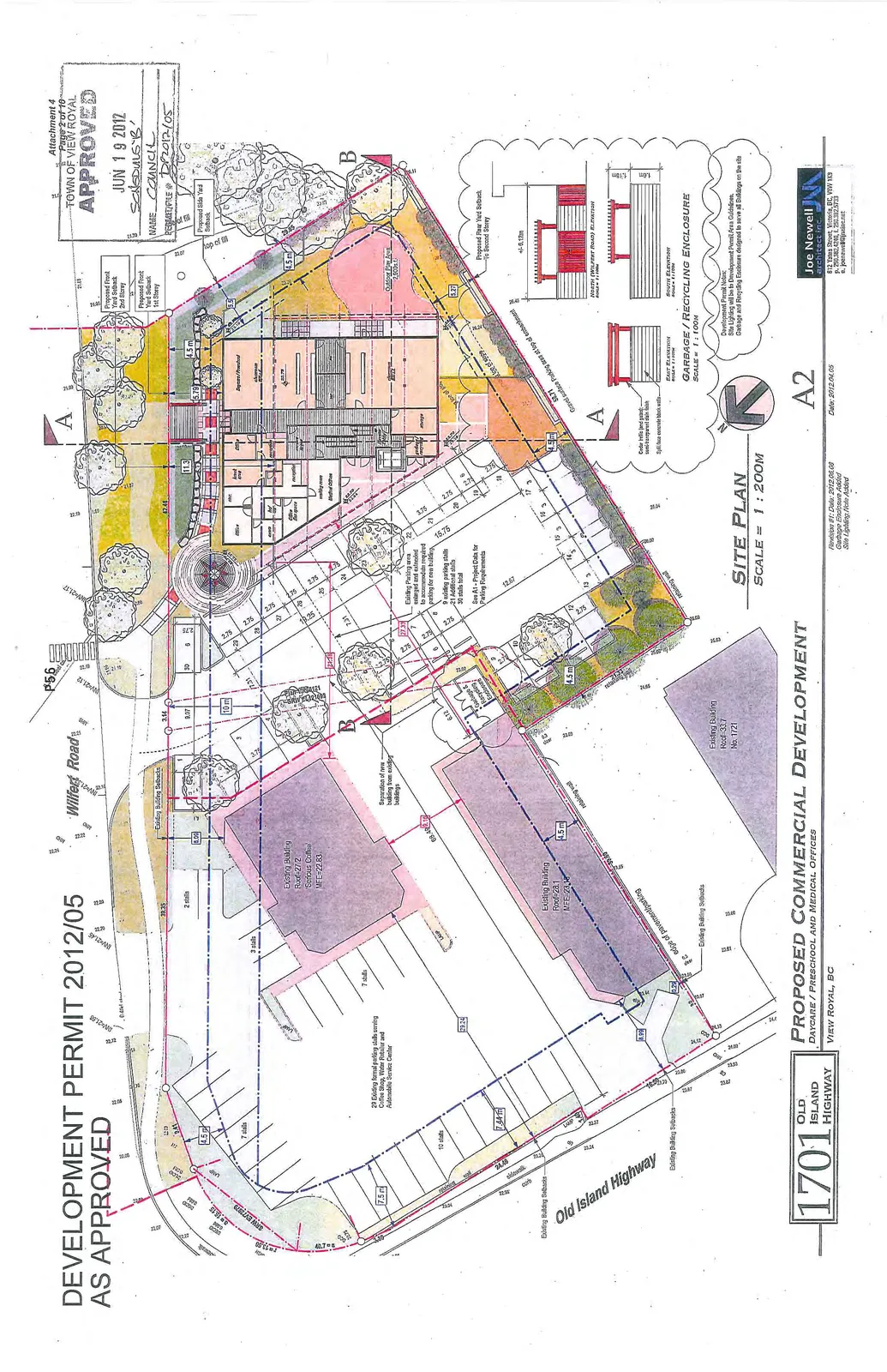 Detailed Site Plan diagram (Scale 1:200M) showing the proposed building, existing buildings, parking stall layouts, and landscaping