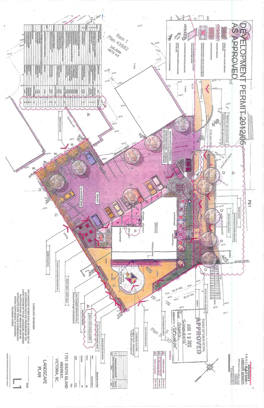 Detailed Landscape Plan (Sheet L1) showing planting locations, species list, and outdoor play area layout