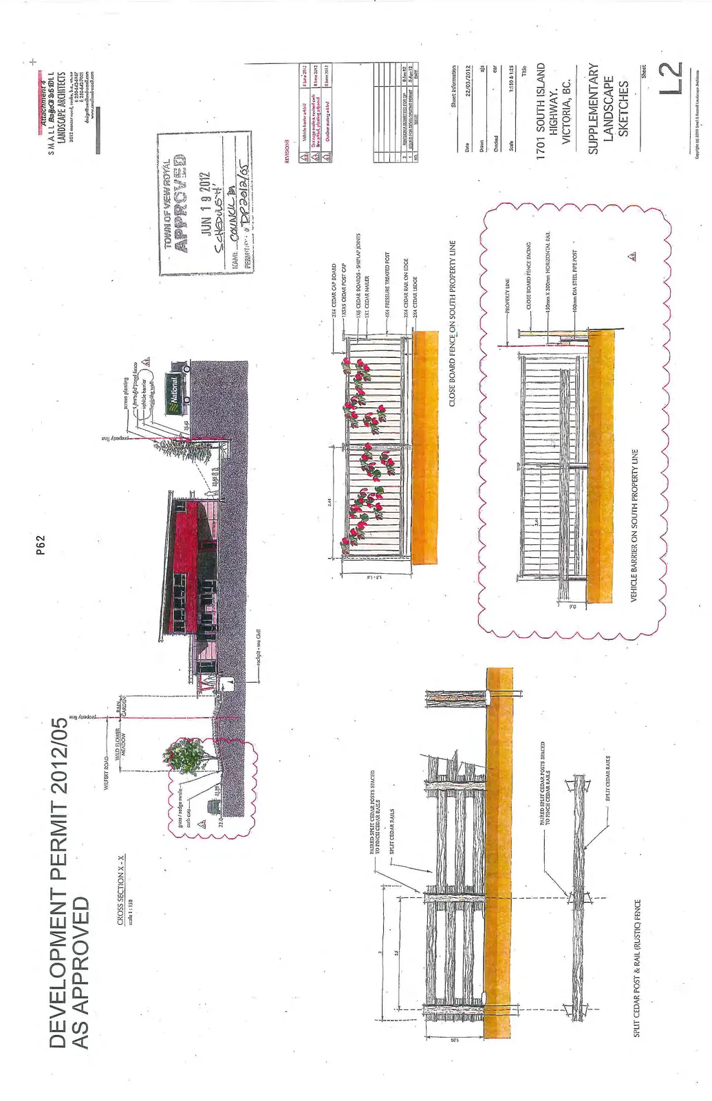 Cross Section X-X showing rain garden, grass/sedge swale, and planting details near Wilfert Road