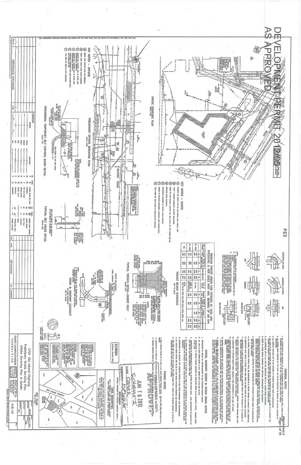 Onsite Servicing Plan diagram (Scale 1:250) showing proposed utilities and sewer lines