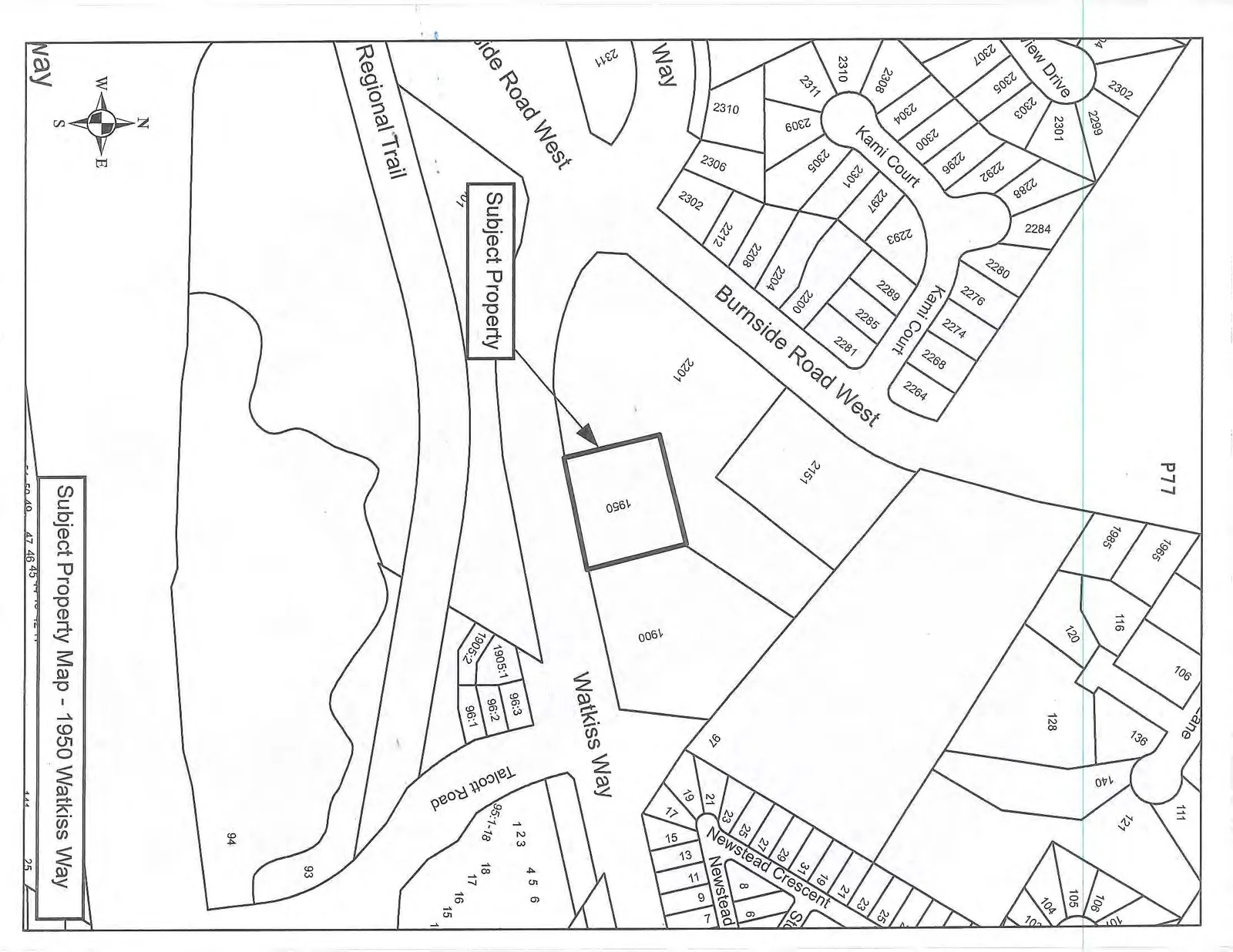 A property map highlighting 1950 Watkiss Way as the "Subject Property." The lot is located south of Burnside Road West and north of Watkiss Way. The Regional Trail is shown running parallel to Watkiss Way to the south. Surrounding streets include Kami Court, View Drive, Newstead Crescent, and Talcott Road. Numerous surrounding residential lot numbers are labeled.