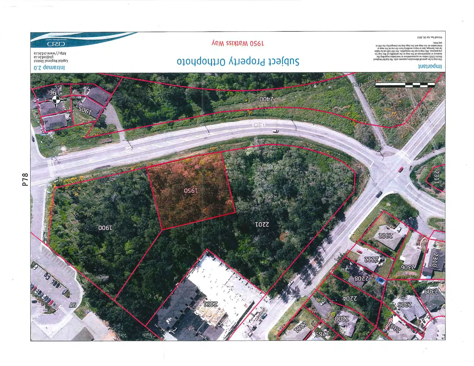 Orthophoto map showing the subject property at 1950 Watkiss Way highlighted in red, with surrounding property parcels labeled 1900, 2201, 2151, 2400, 1905, 2302, 2306, 2311, and others.