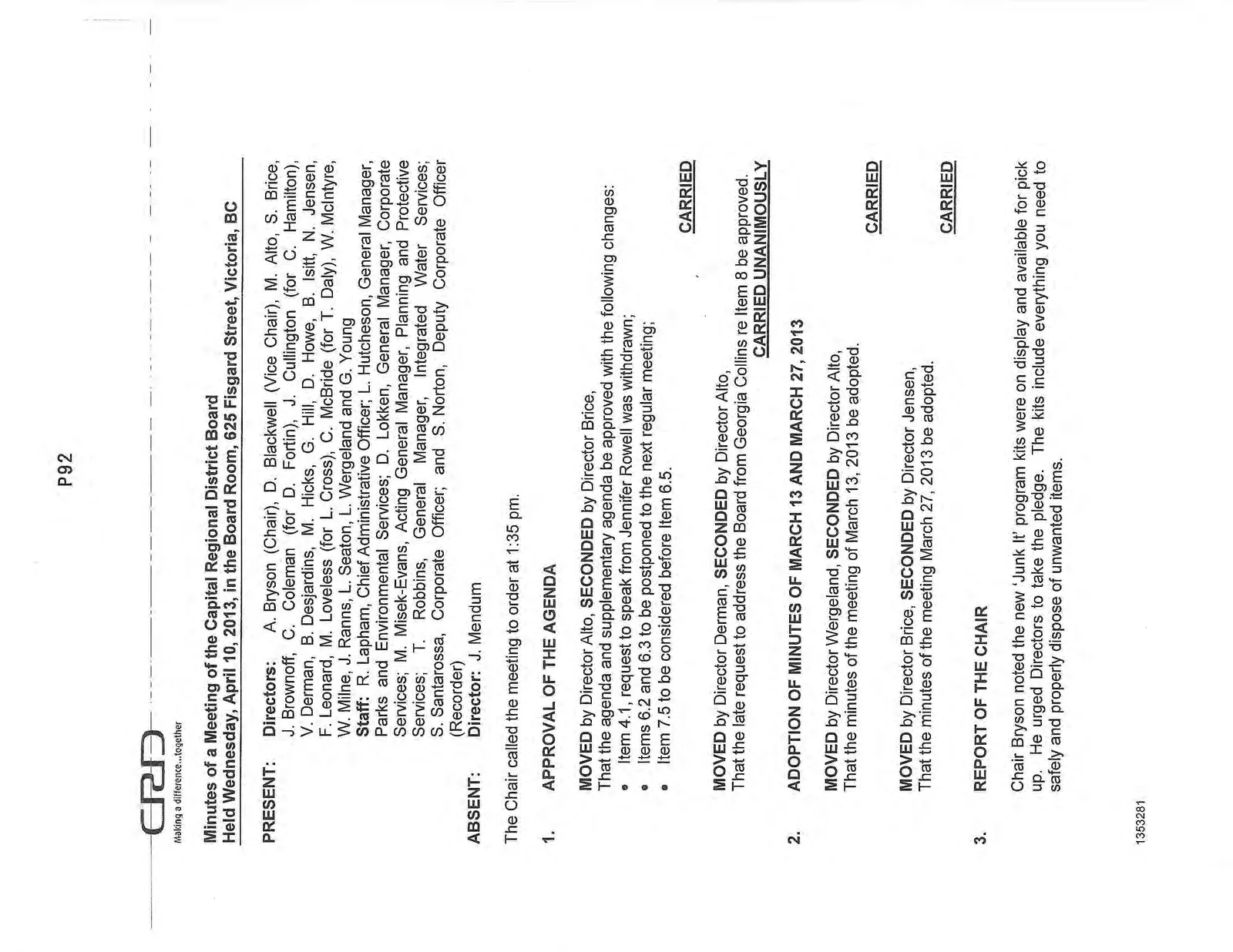 First page of minutes covering attendance, agenda approval, adoption of minutes, and start of chair report