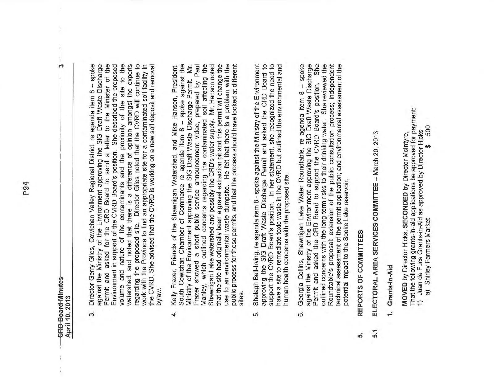 Third page of minutes covering delegations 3-6 regarding the SIG permit and the start of committee reports