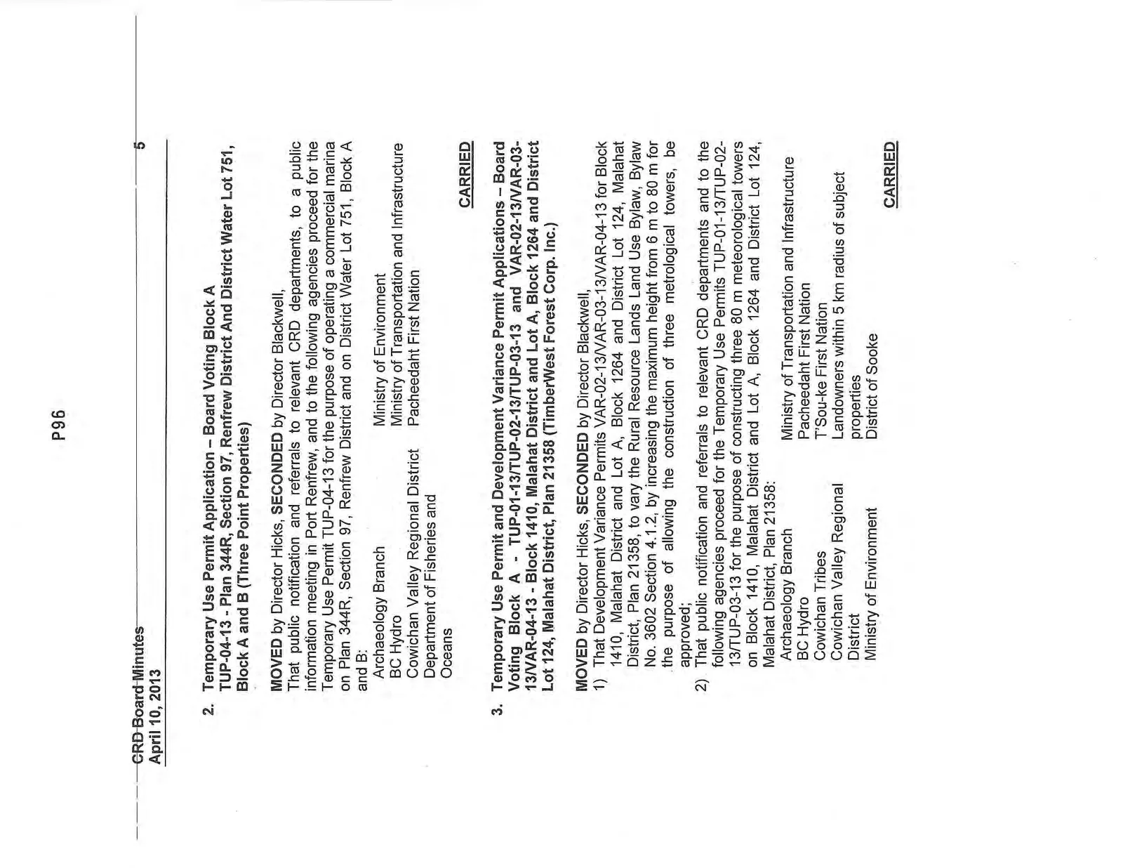 Fifth page of minutes covering temporary use permit applications for Three Point Properties and TimberWest Forest Corp